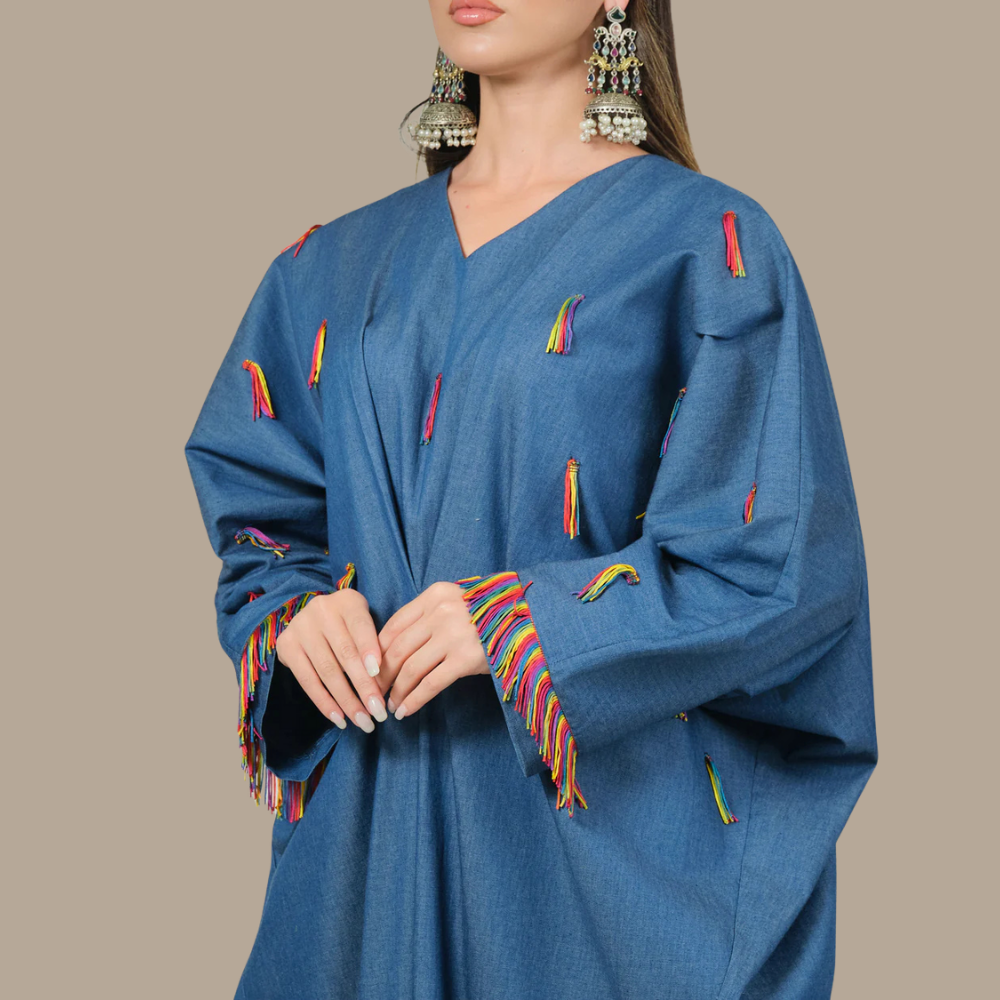 RAM25 JAMILA DENIM KAFTAN WITH FRINGES
