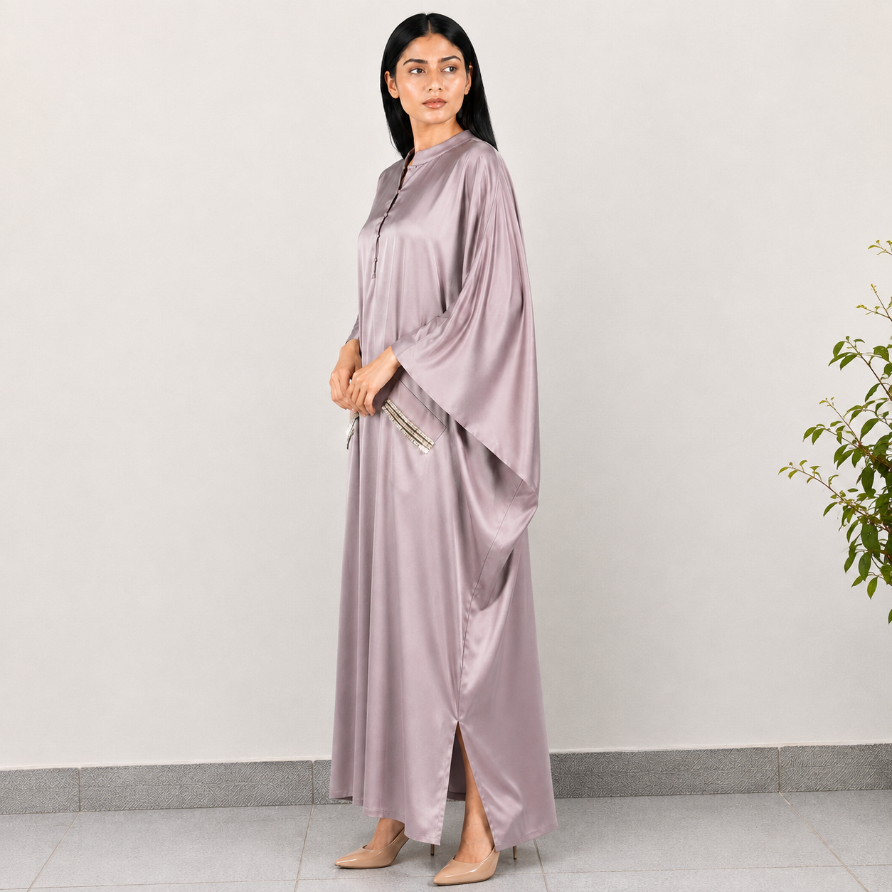 Silk Solid Kaftan Dress with Embellished Waist Detail