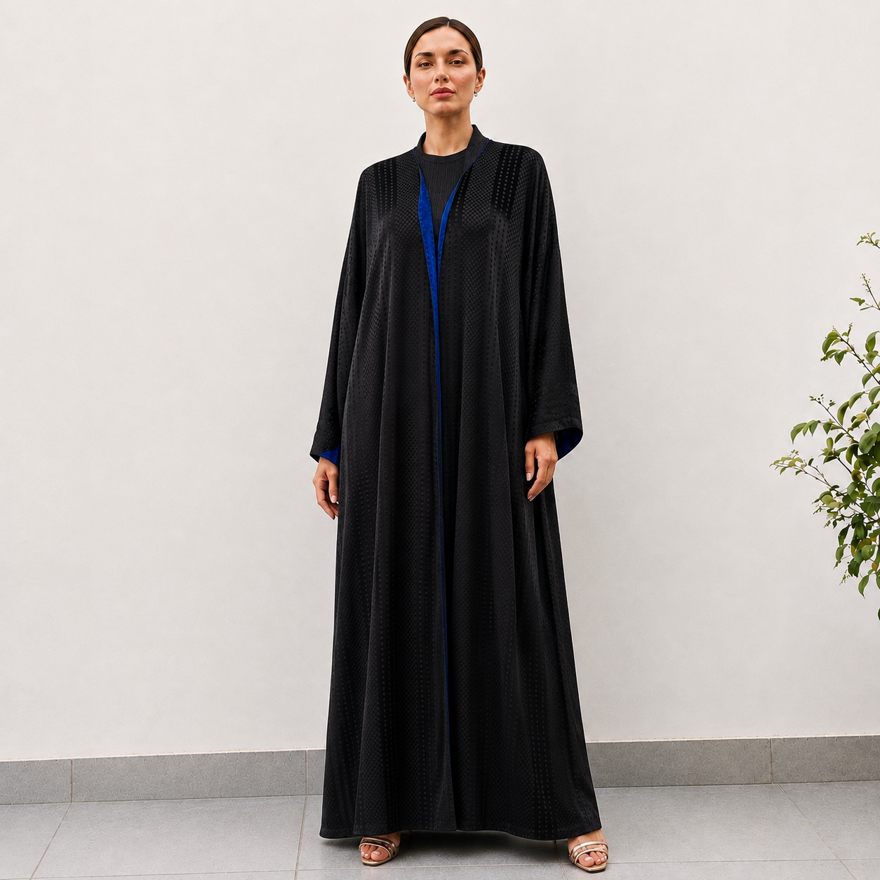 Black & Blue Textured Open Front Abaya