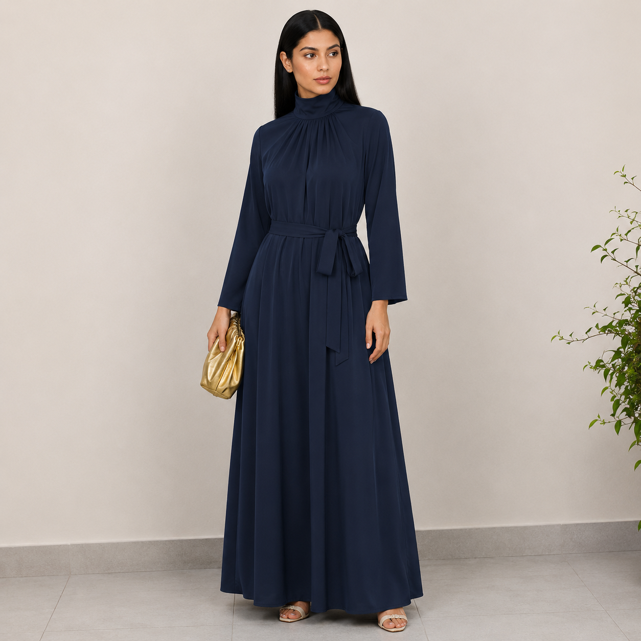 TESSA BLUE SATIN HIGH NECK DRESS
