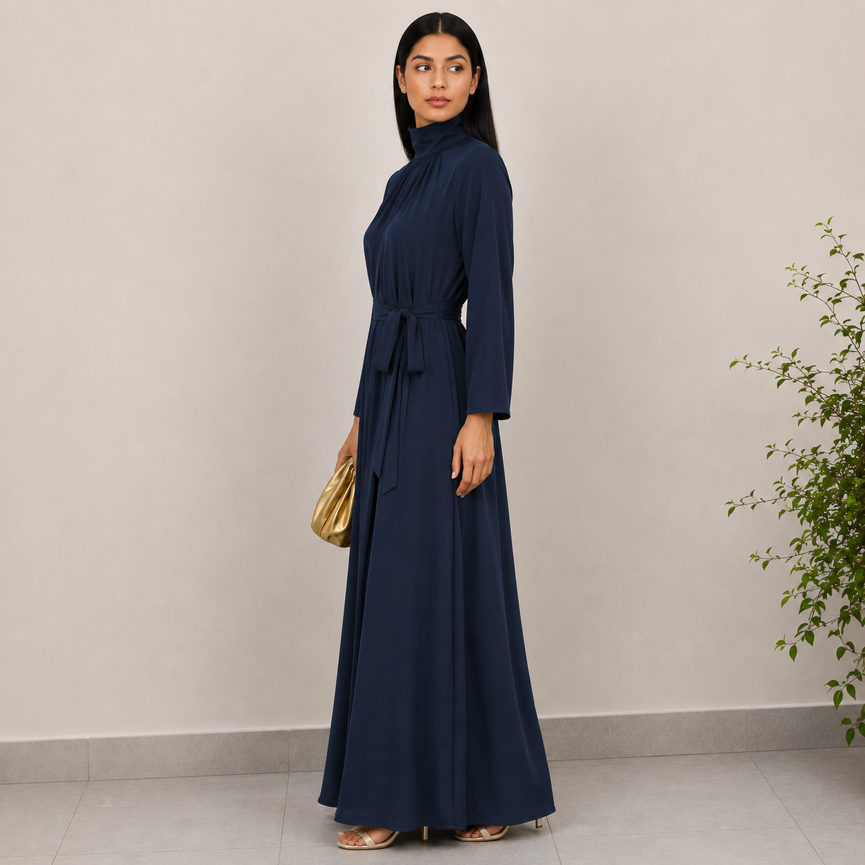 TESSA BLUE SATIN HIGH NECK DRESS