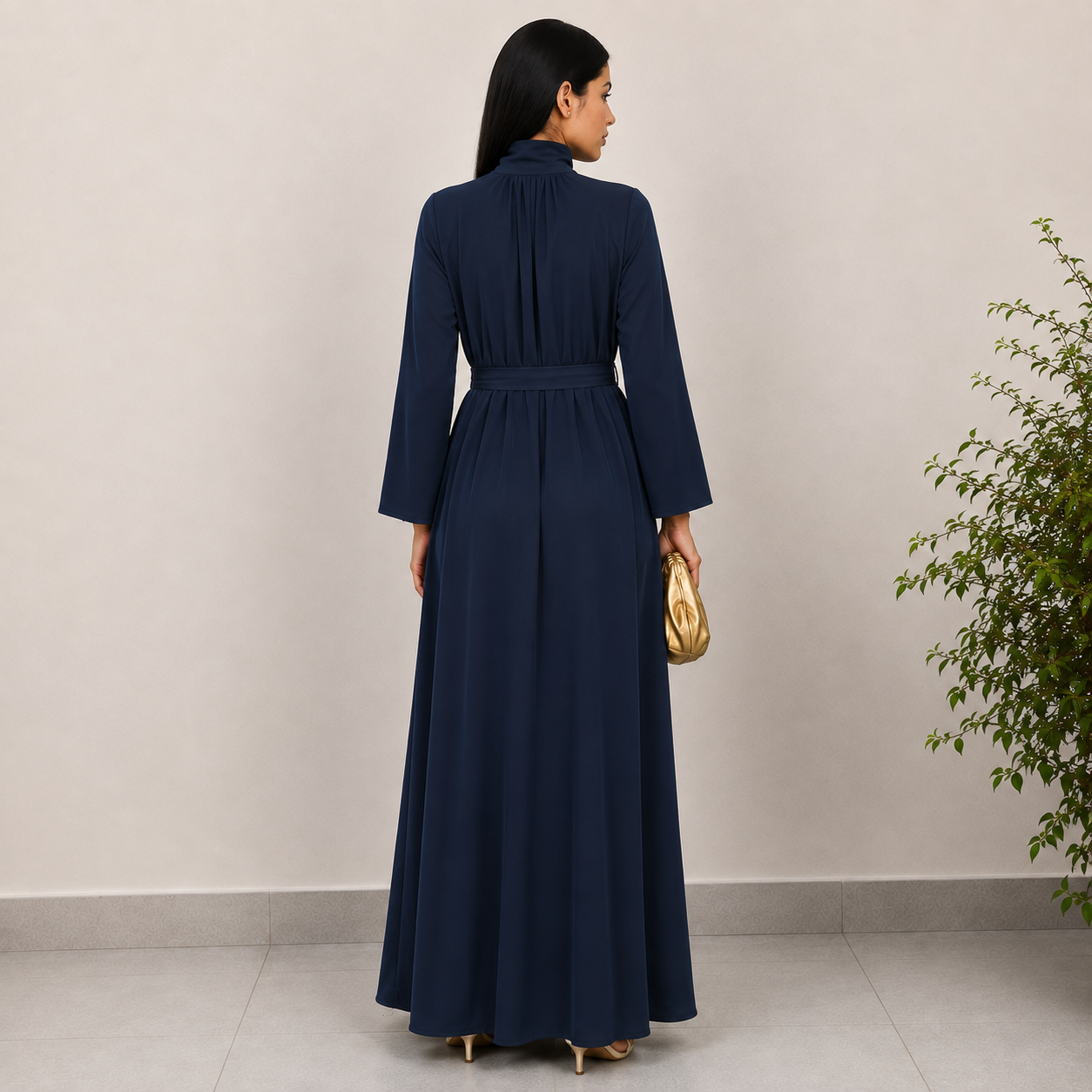 TESSA BLUE SATIN HIGH NECK DRESS