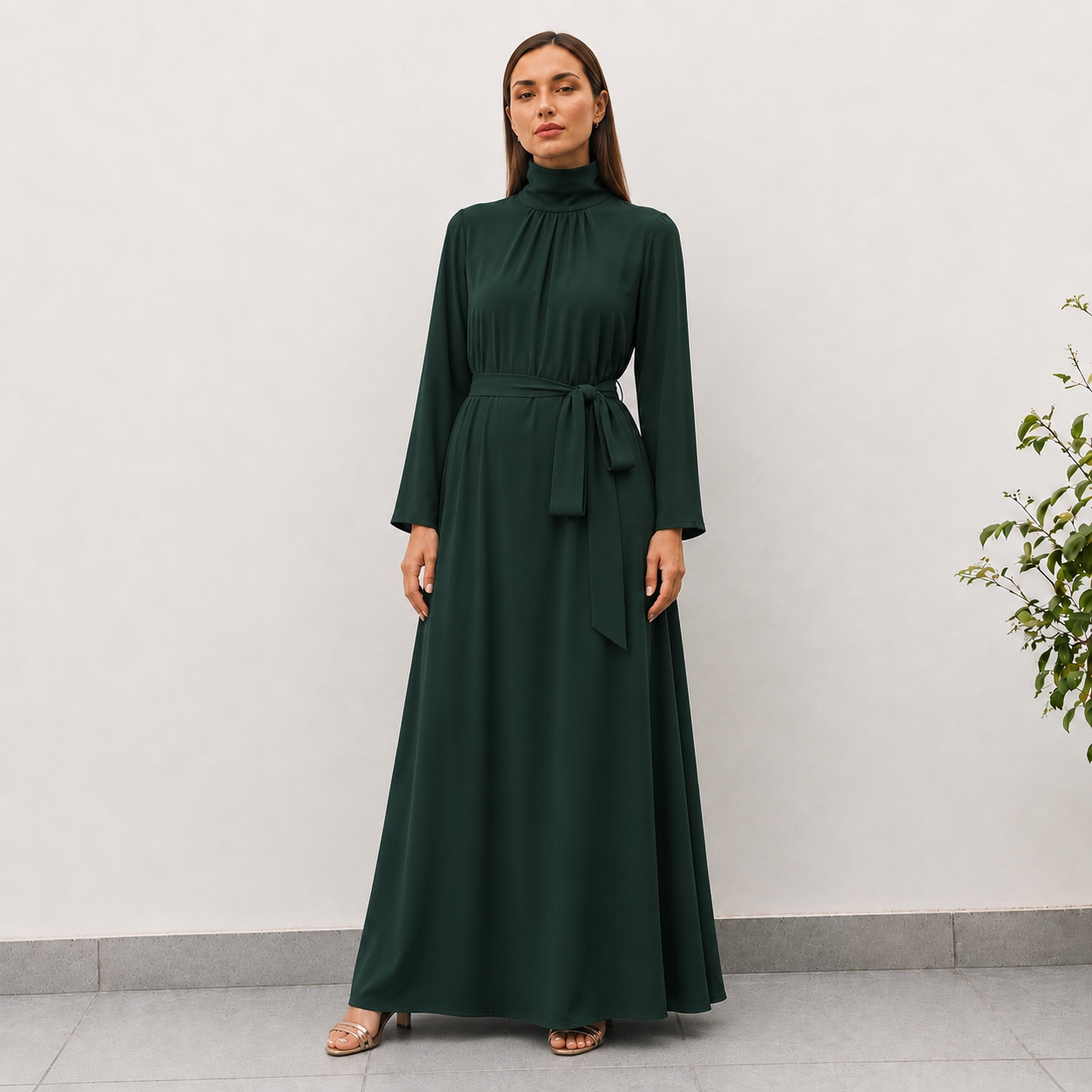 TESSA GREEN SATIN HIGH NECK DRESS