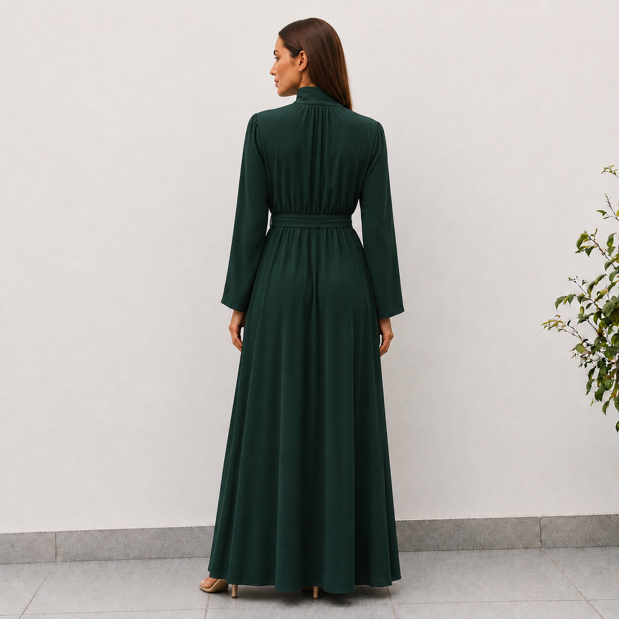 TESSA GREEN SATIN HIGH NECK DRESS