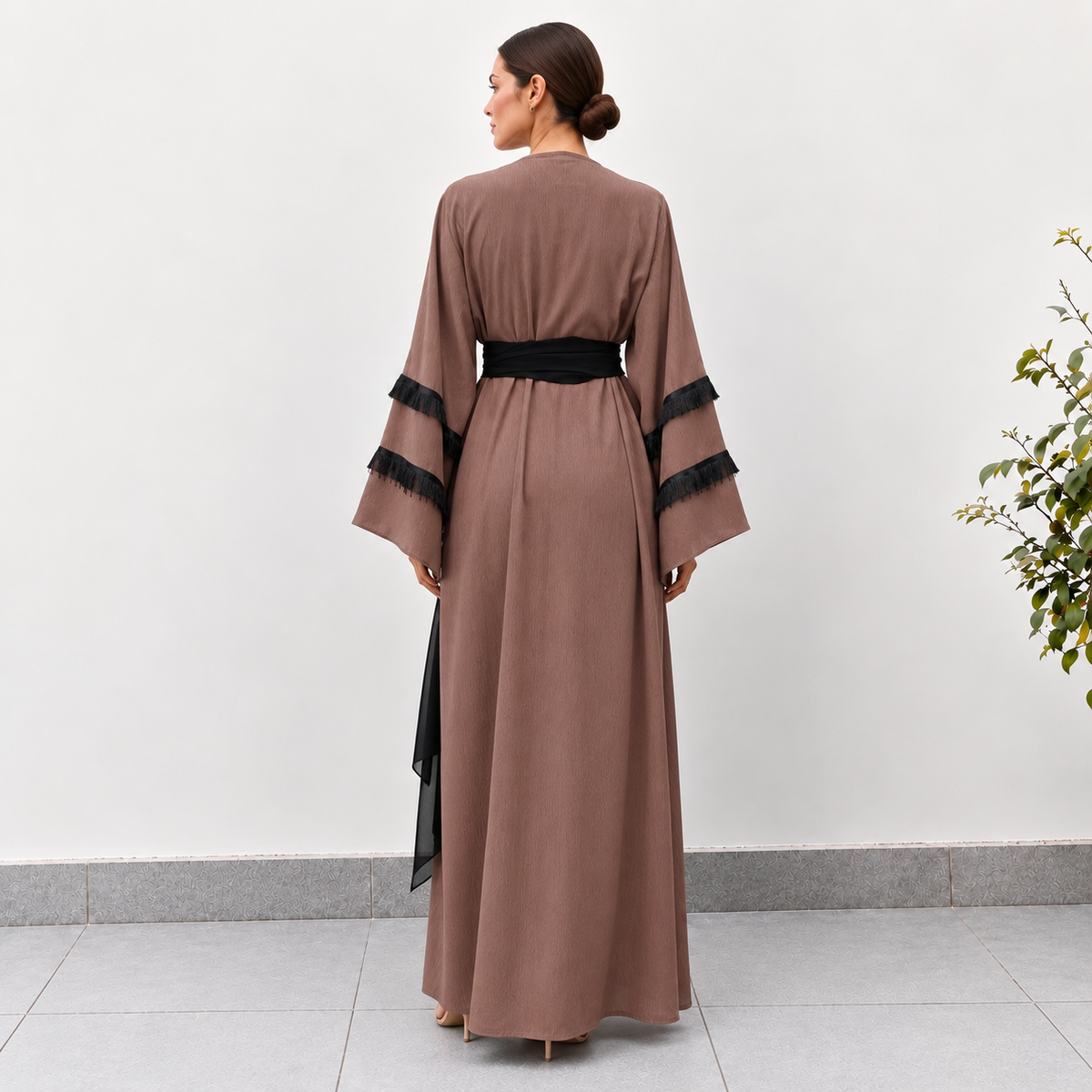 Elara Mocha Fringe Abaya