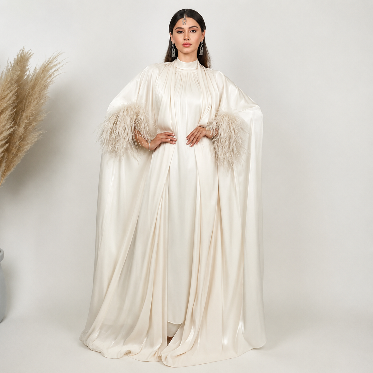 RAM24 MIMI OFF-WHITE SHAWL ABAYA WITH FEATHER