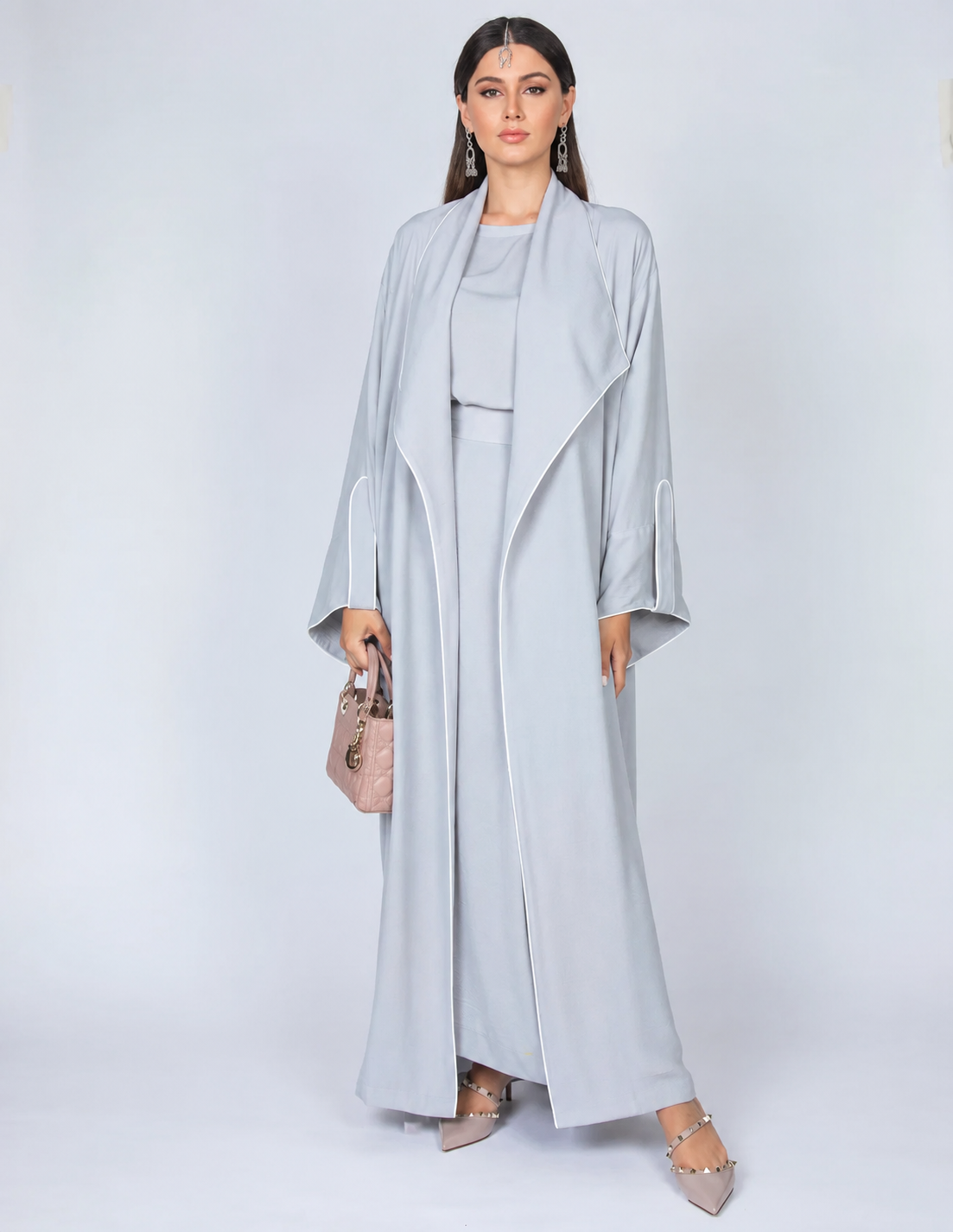 SS20 GREY WORK ABAYA WITH DRAPE LAPEL