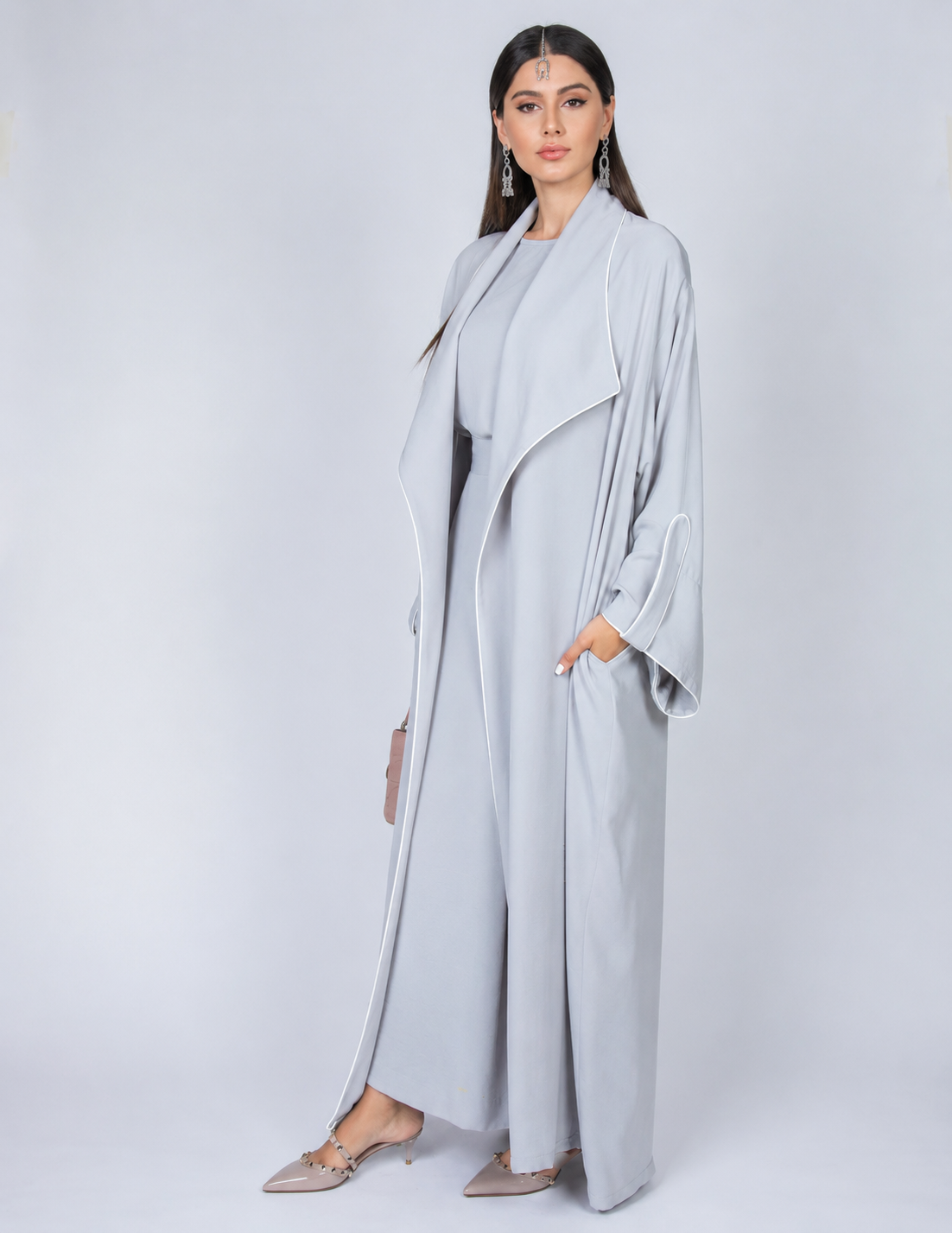 SS20 GREY WORK ABAYA WITH DRAPE LAPEL