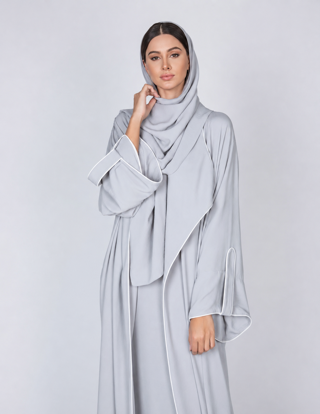 SS20 GREY WORK ABAYA WITH DRAPE LAPEL