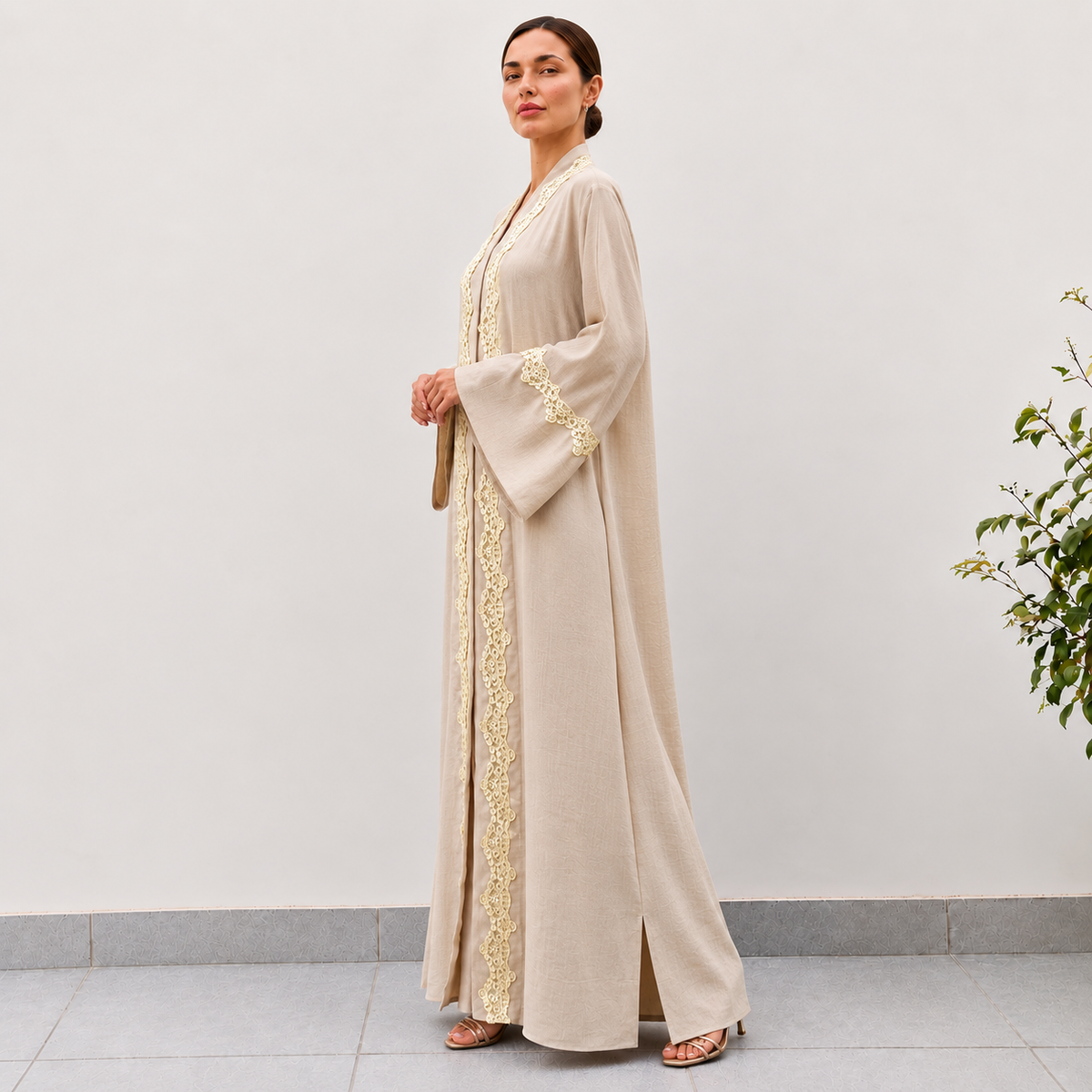Nude Linen Abaya with Chantily Lace