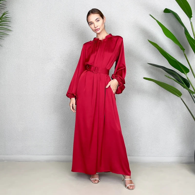 LINA RED PEPPER KAFTAN BELTED MAXI DRESS