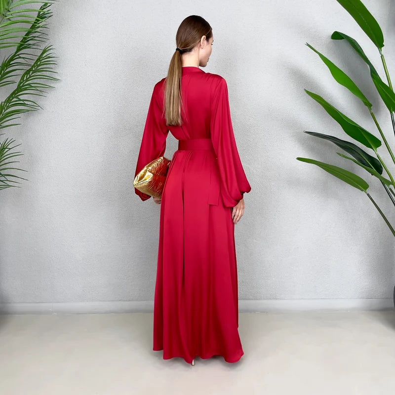 LINA RED PEPPER KAFTAN BELTED MAXI DRESS