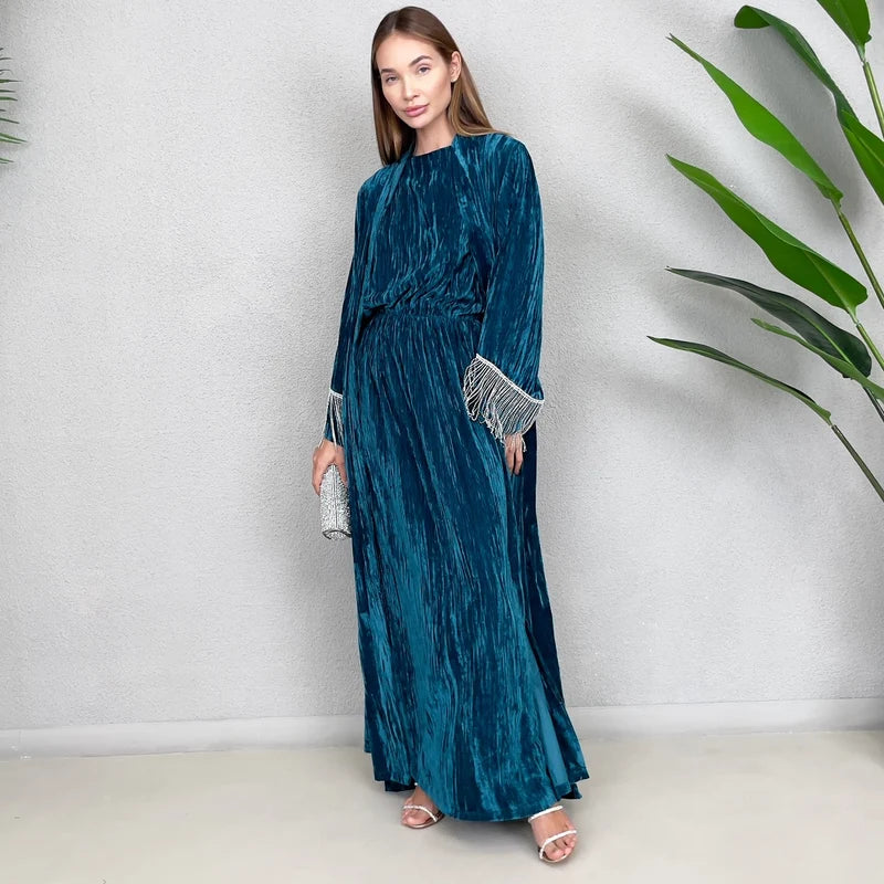 TEAL VELVET EVENING ABAYA SET