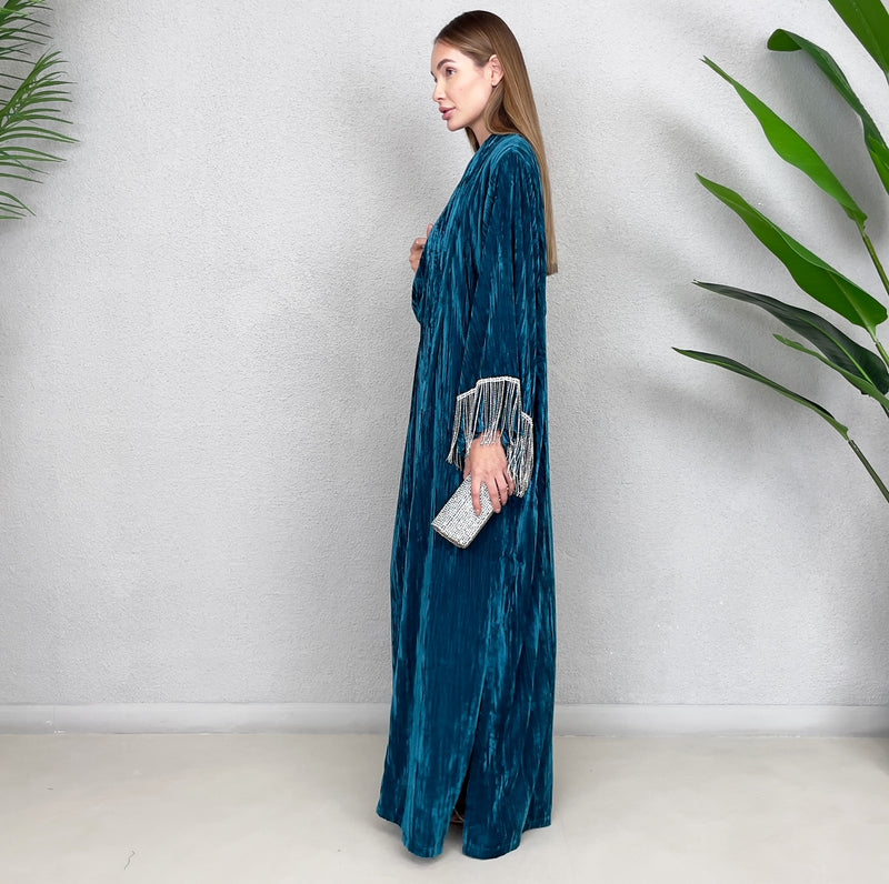 TEAL VELVET EVENING ABAYA SET