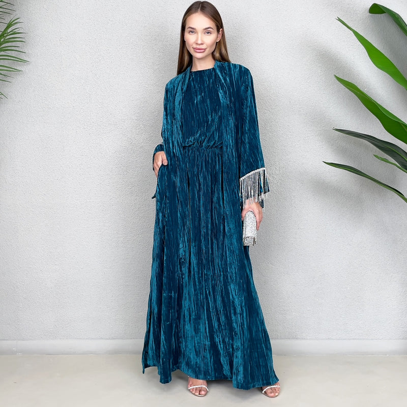 TEAL VELVET EVENING ABAYA SET