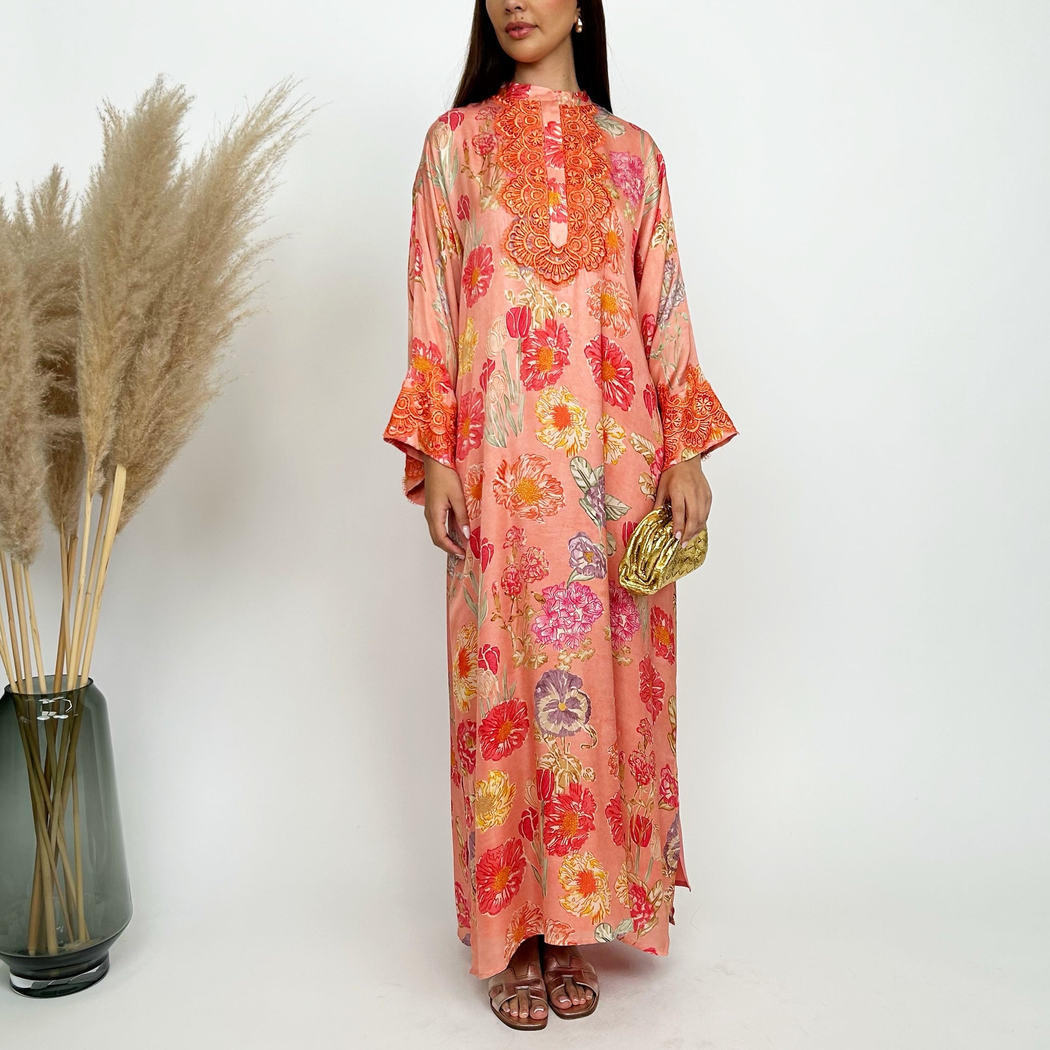RAM24 HESSA ORANGE FLORAL JALABIA WITH LACE
