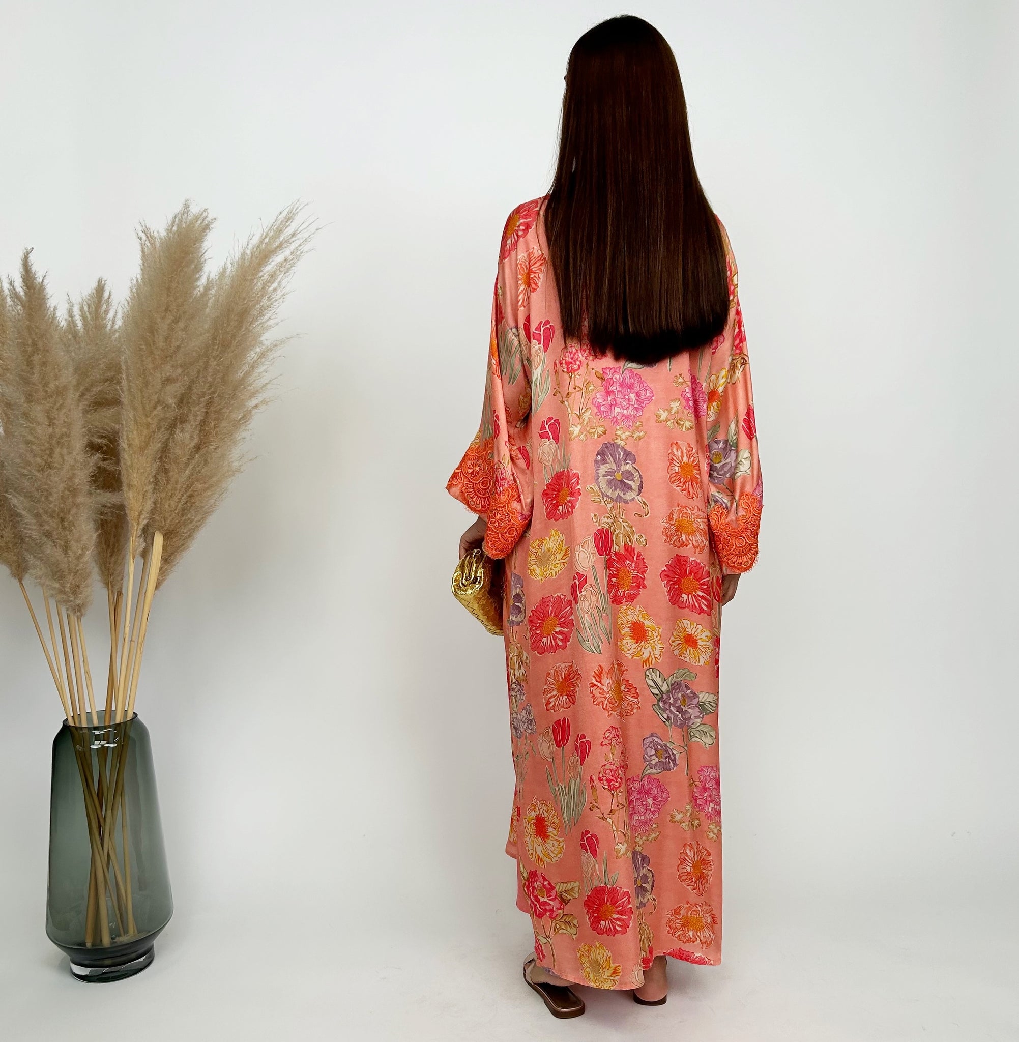 RAM24 HESSA ORANGE FLORAL JALABIA WITH LACE