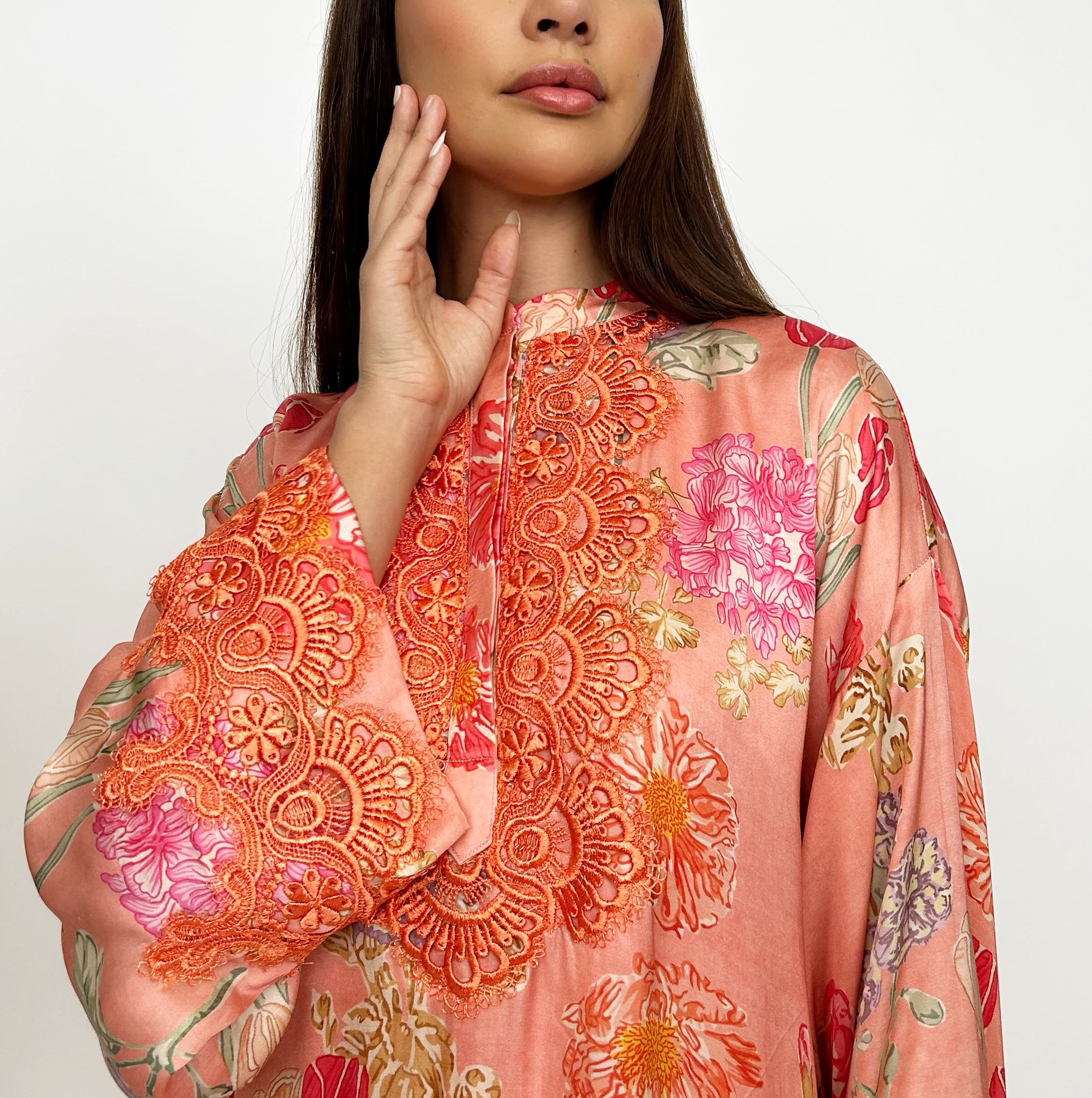 RAM24 HESSA ORANGE FLORAL JALABIA WITH LACE