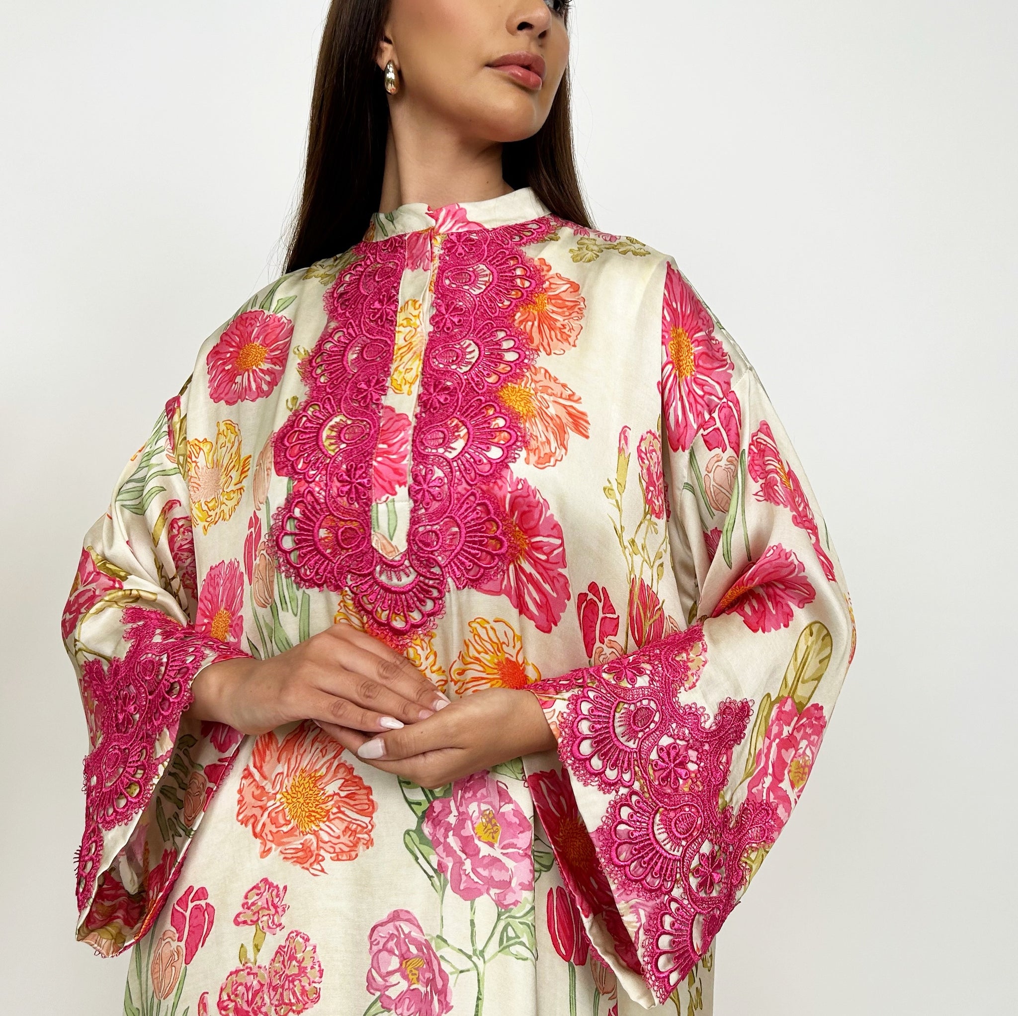 RAM24 HESSA PINK FLORAL JALABIA WITH COTTON LACE
