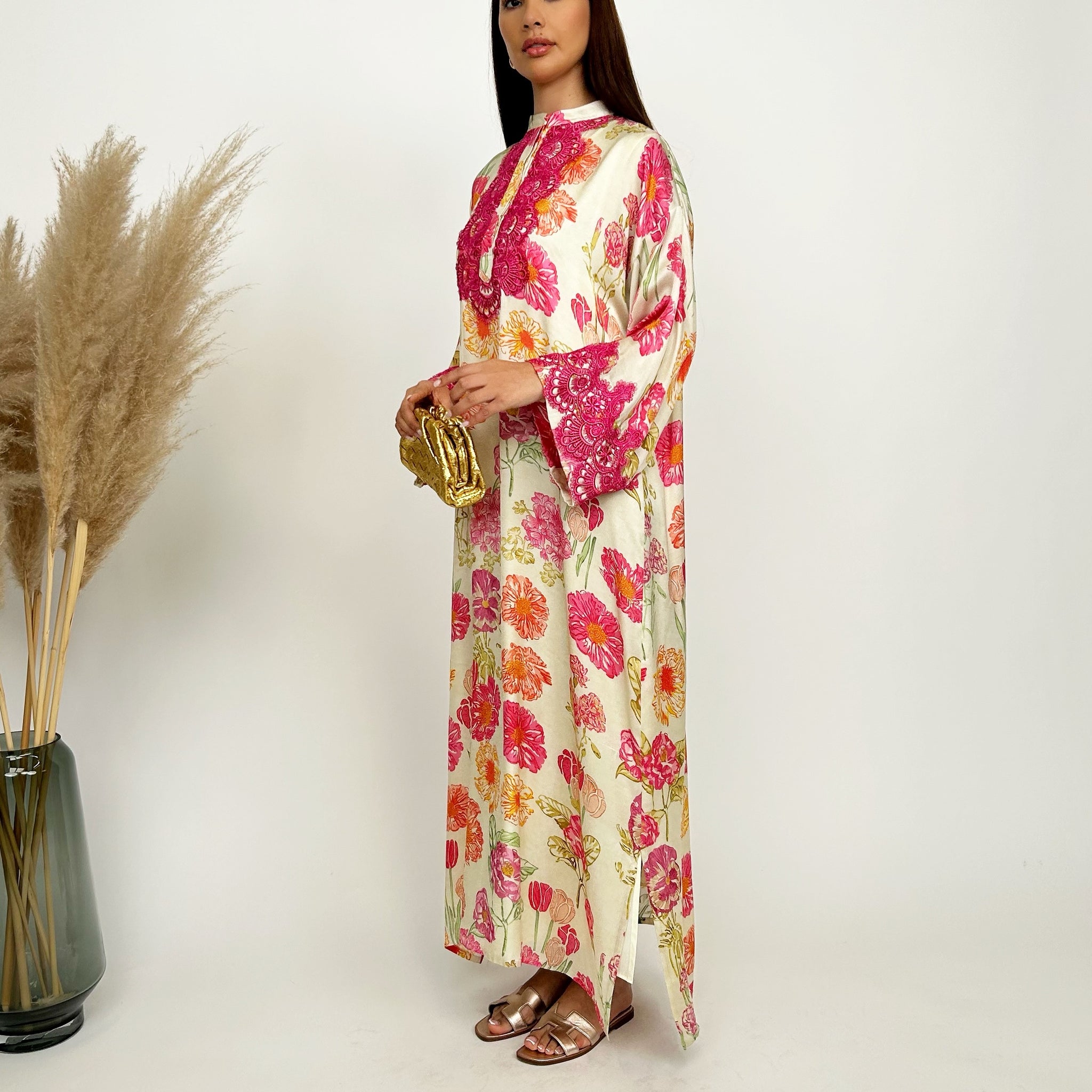 RAM24 HESSA PINK FLORAL JALABIA WITH COTTON LACE