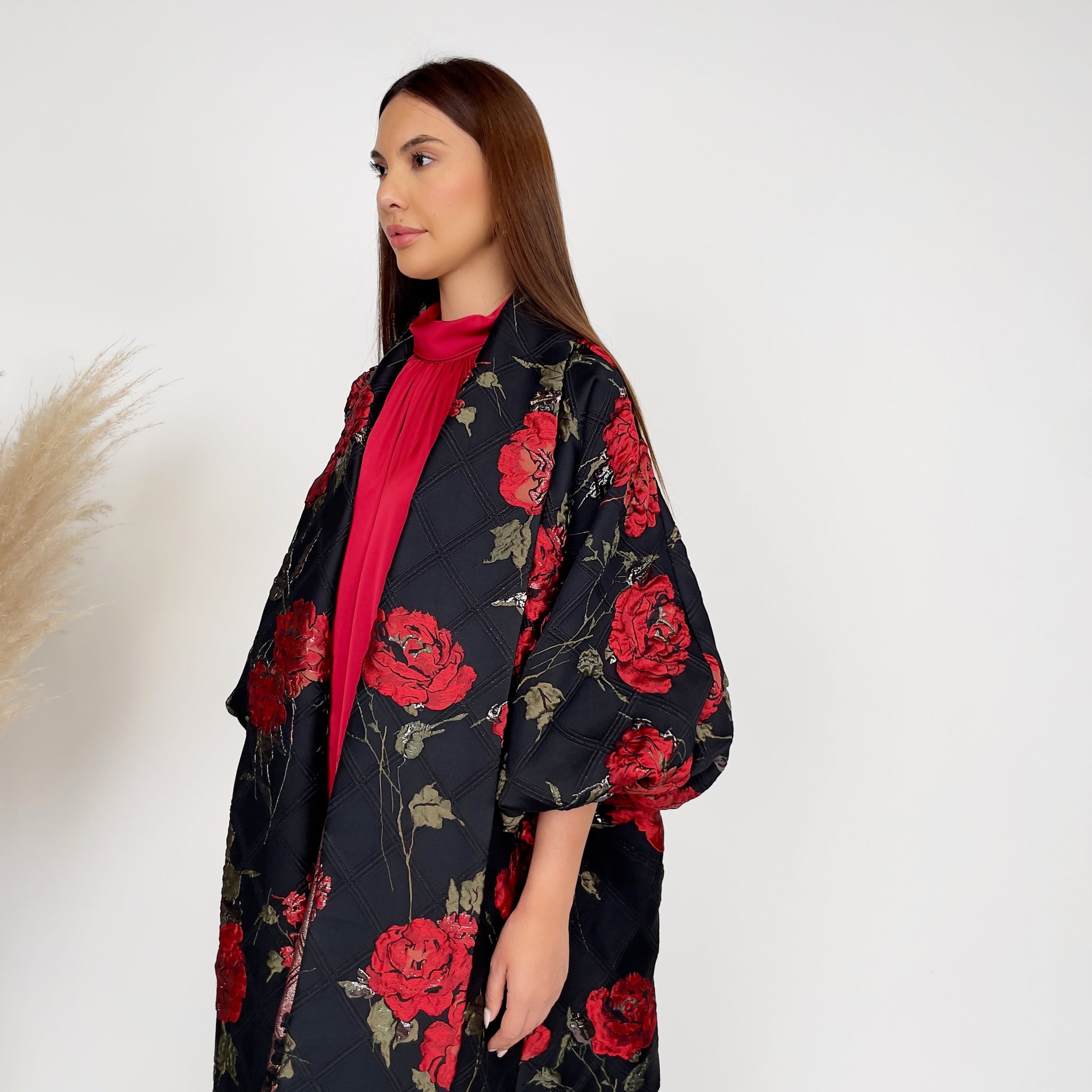 RAM24 SORAYA RED ROSES BLACK BROCADE ABAYA SET