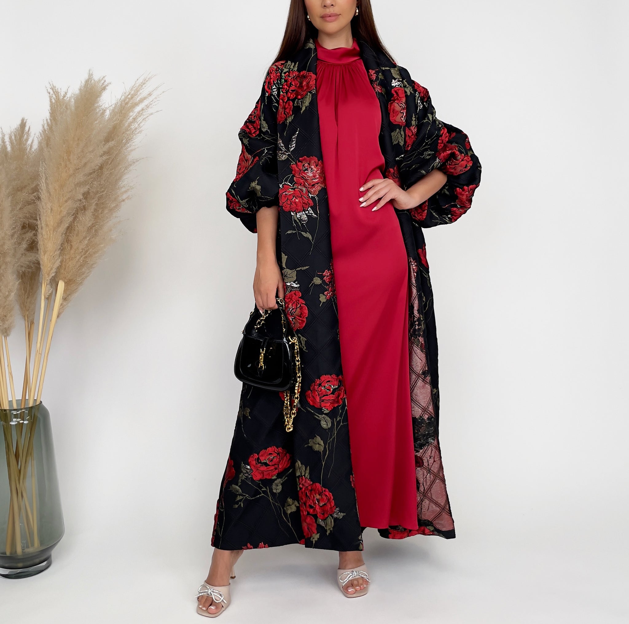 RAM24 SORAYA RED ROSES BLACK BROCADE ABAYA SET