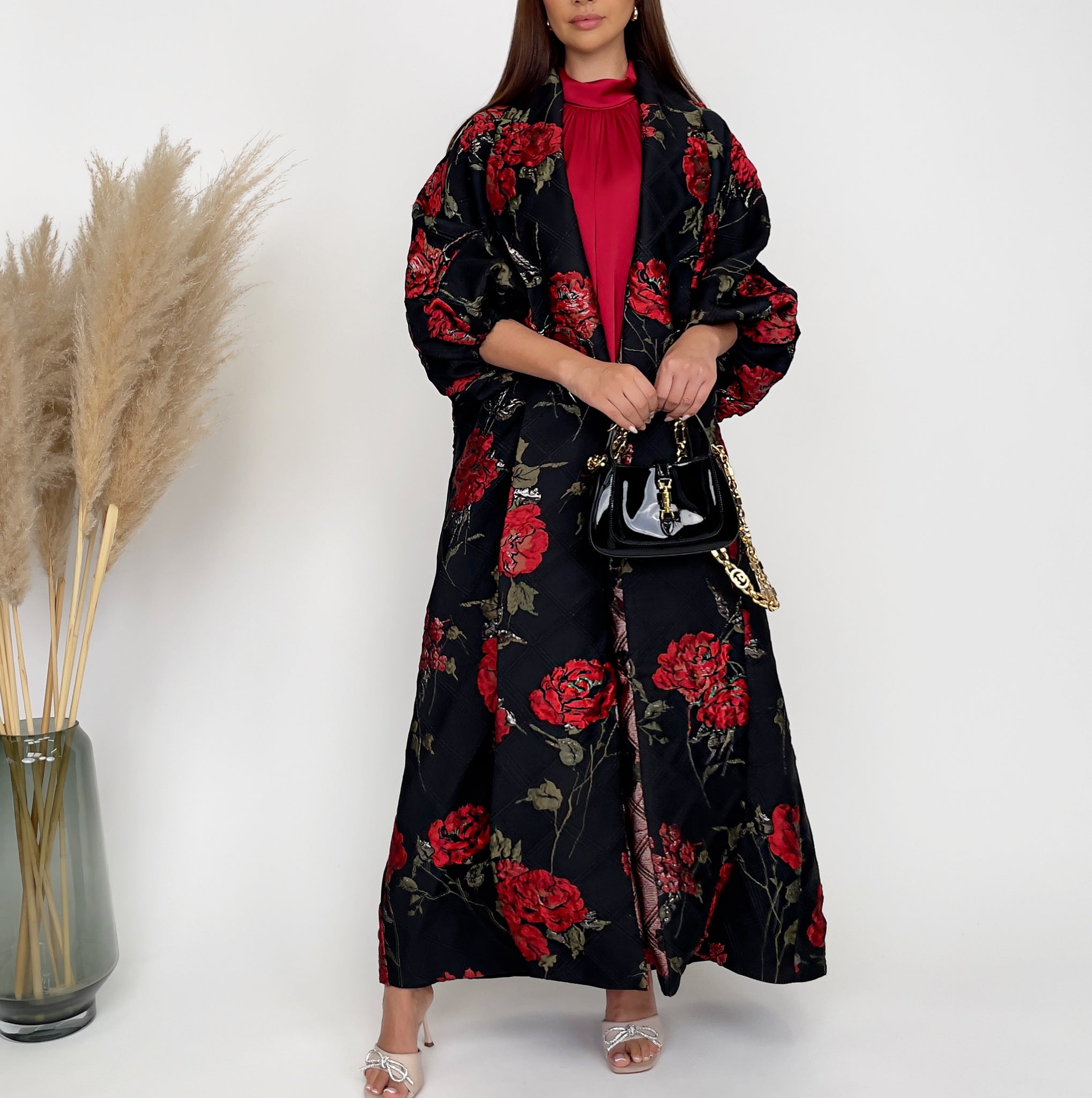 RAM24 SORAYA RED ROSES BLACK BROCADE ABAYA SET