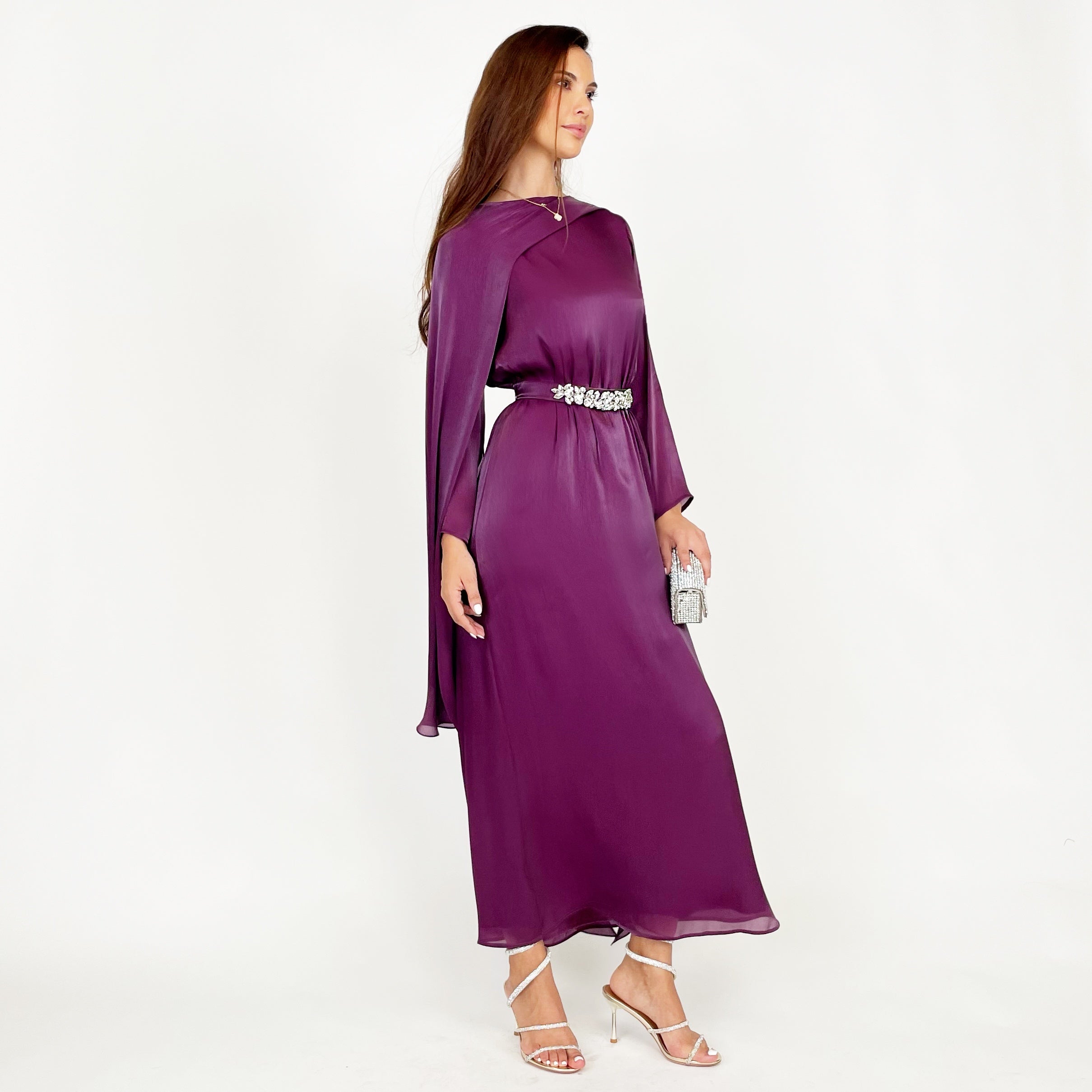 SS24 REEM VIOLET ORGANZA DRAPE SHAWL STYLE DRESS