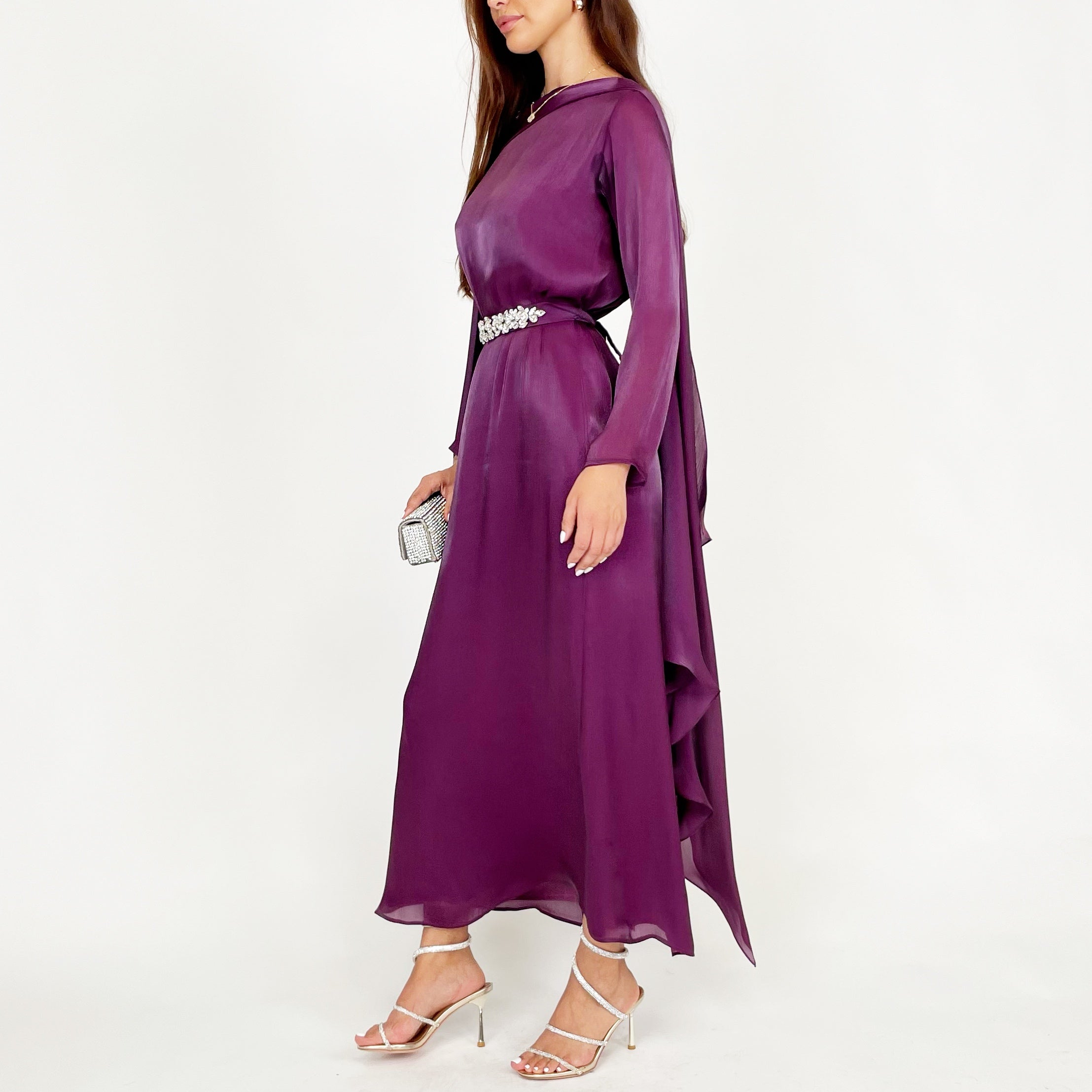 SS24 REEM VIOLET ORGANZA DRAPE SHAWL STYLE DRESS