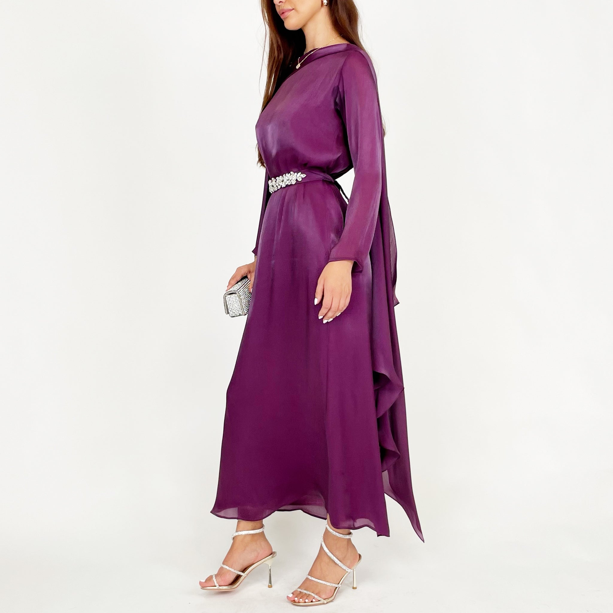 SS24 REEM VIOLET ORGANZA DRAPE SHAWL STYLE DRESS