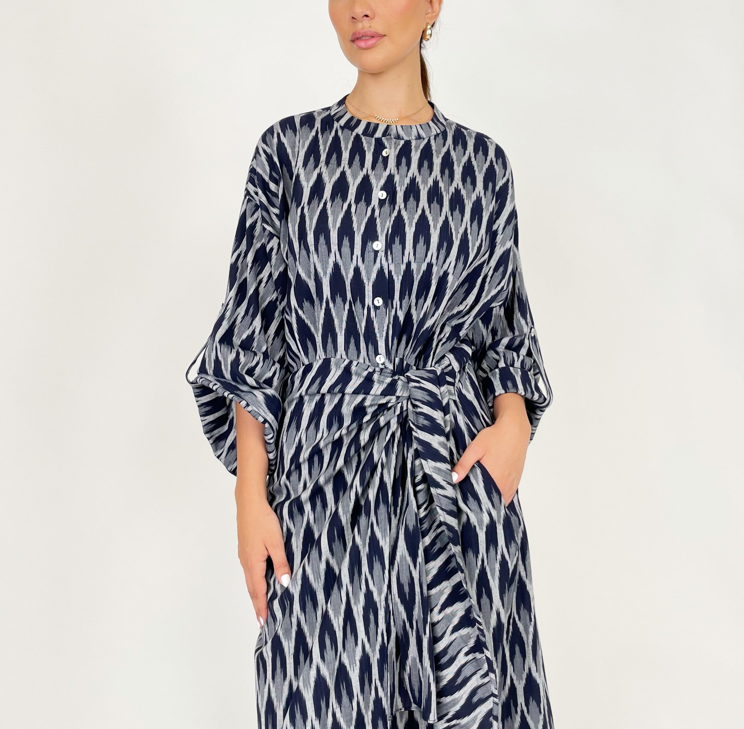 SS24 IKAT LINEN WRAP DRESS
