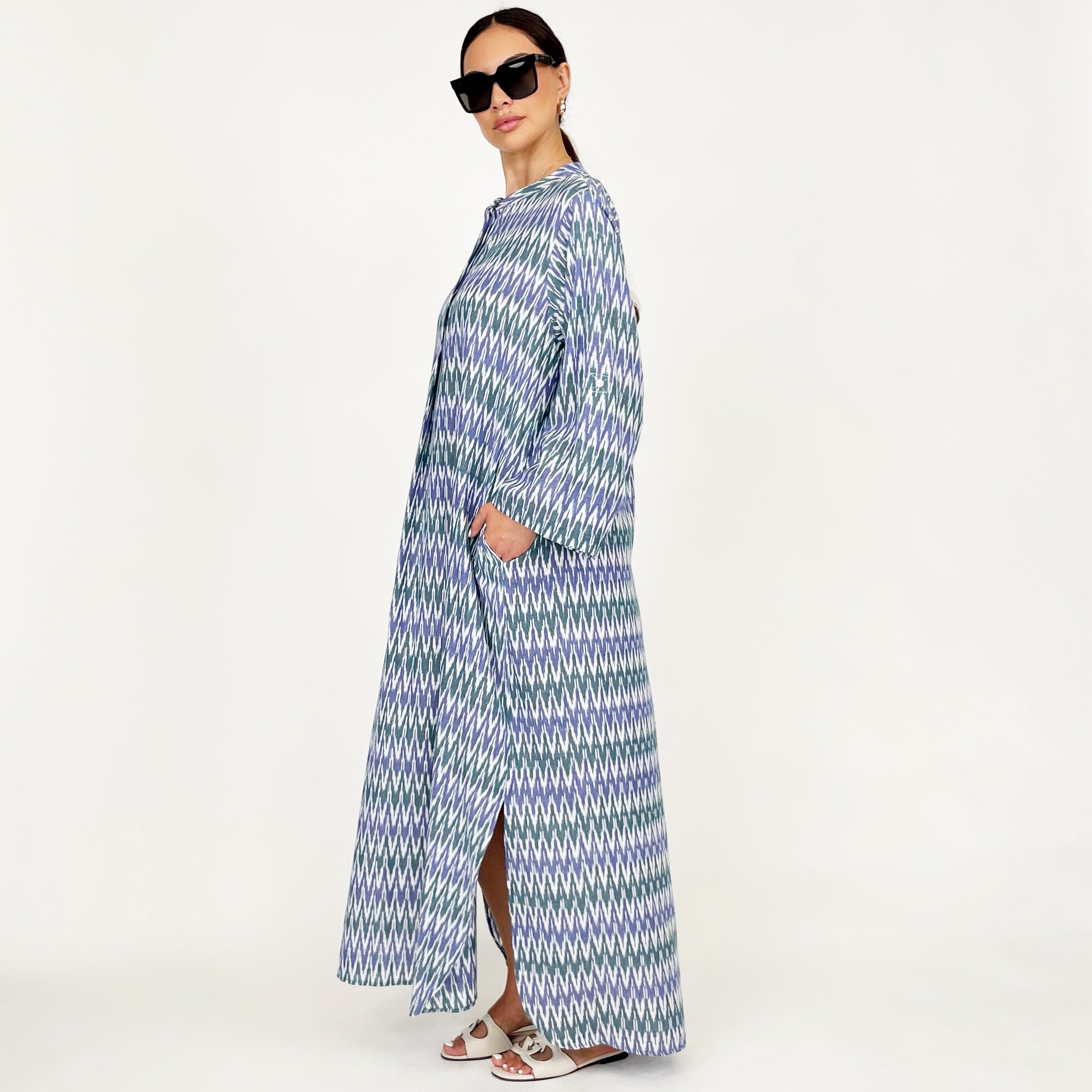 SS24 IKAT COLLARLESS KAFTAN DRESS