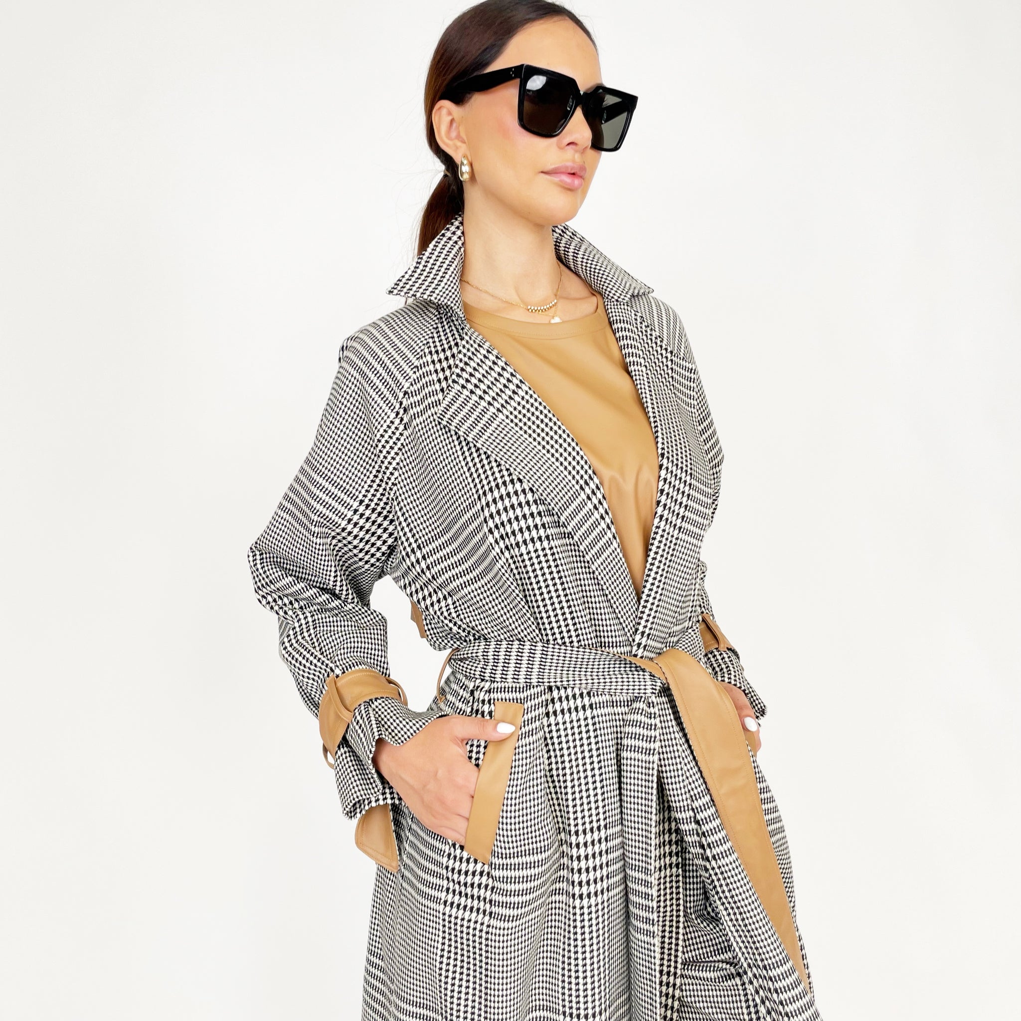 AW24 PRINCE OF WALES CHECK TWILL WOOL TRENCH ABAYA SET