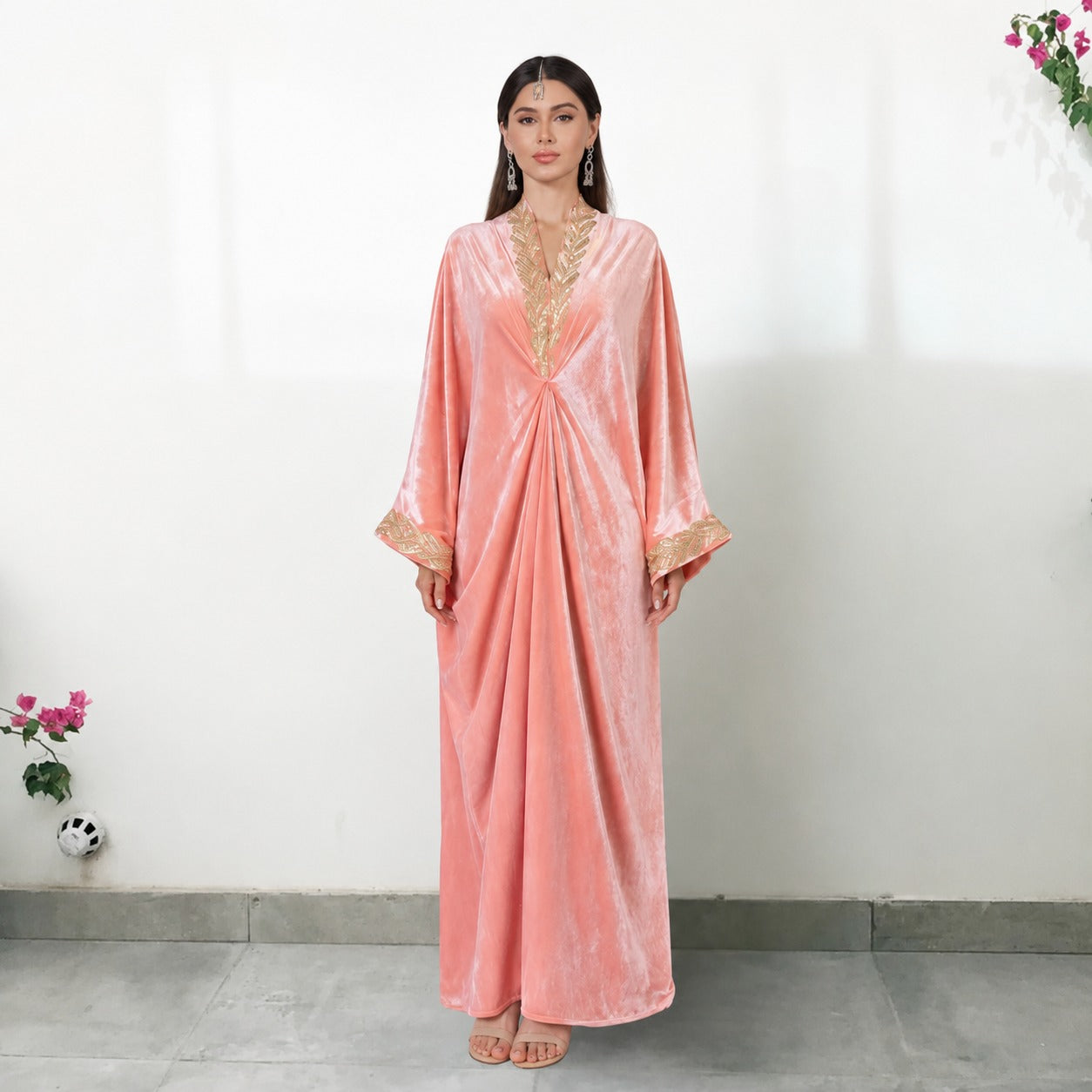RAM26 JAMILA KNOT PINK VELVET KAFTAN