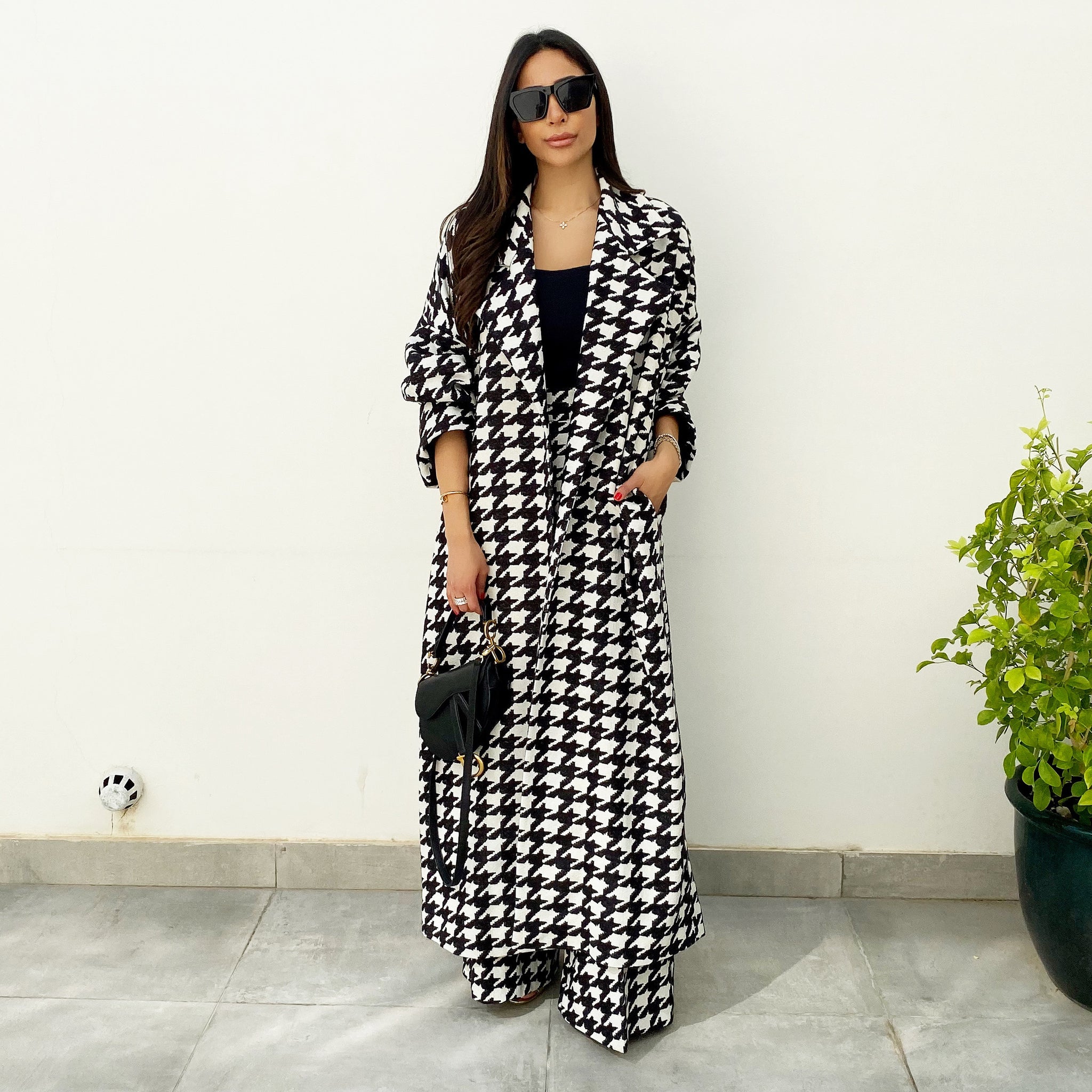 AW19 ELEGANT WIDE LEG HOUNDSTOOTH TROUSERS