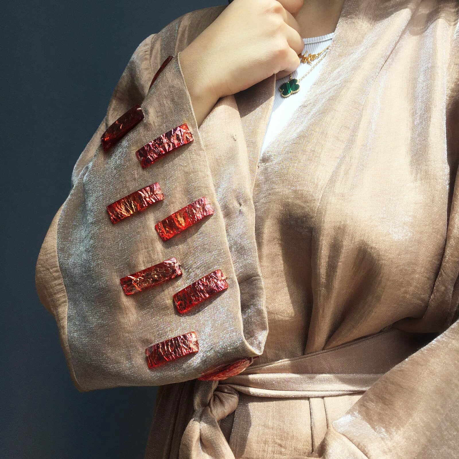 Limited edition Peach Silk abaya with glass embellishments