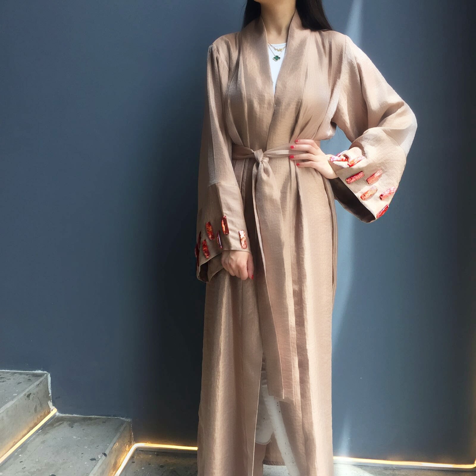 Limited edition Peach Silk abaya with glass embellishments