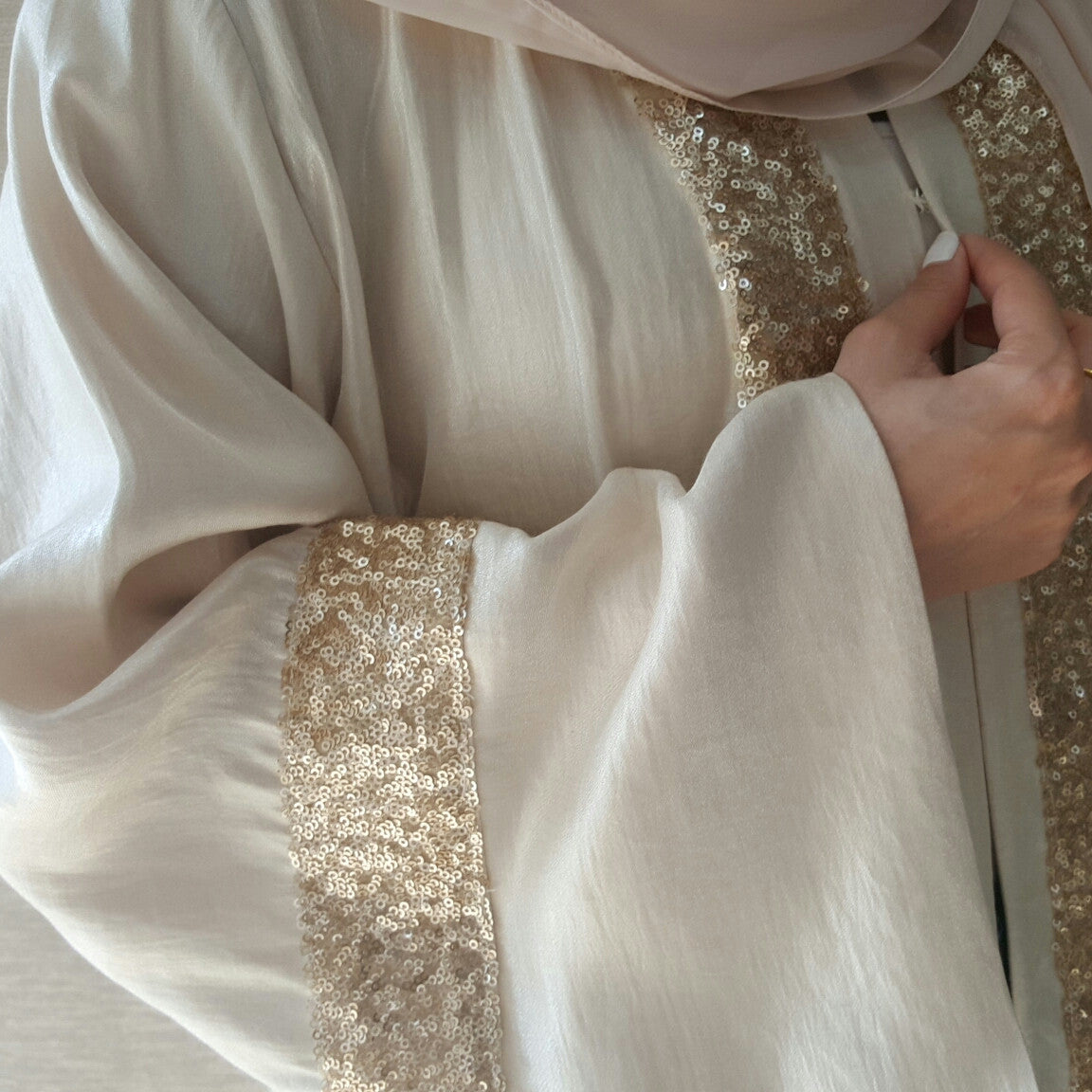 Satin Cotton Cream Abaya with Matt Sequins