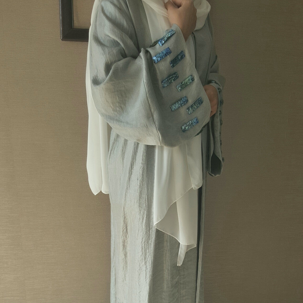 SatinCotton Classic Cut Grey Abaya with Glass Bead work