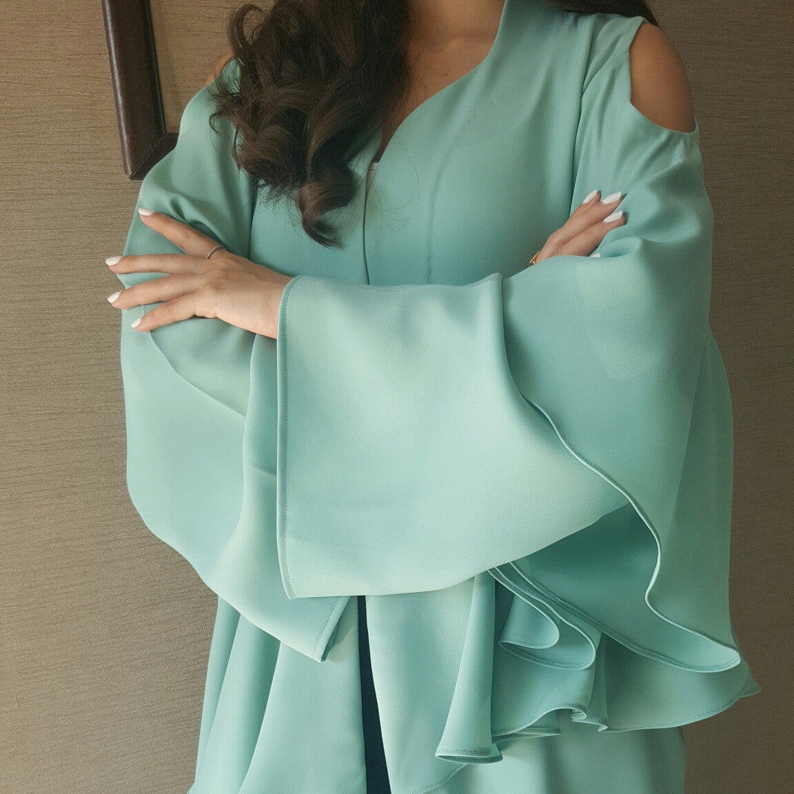 Tiffany Blue Robe Abaya in Jersey Cotton with Frill front & back With Cut Out shoulder