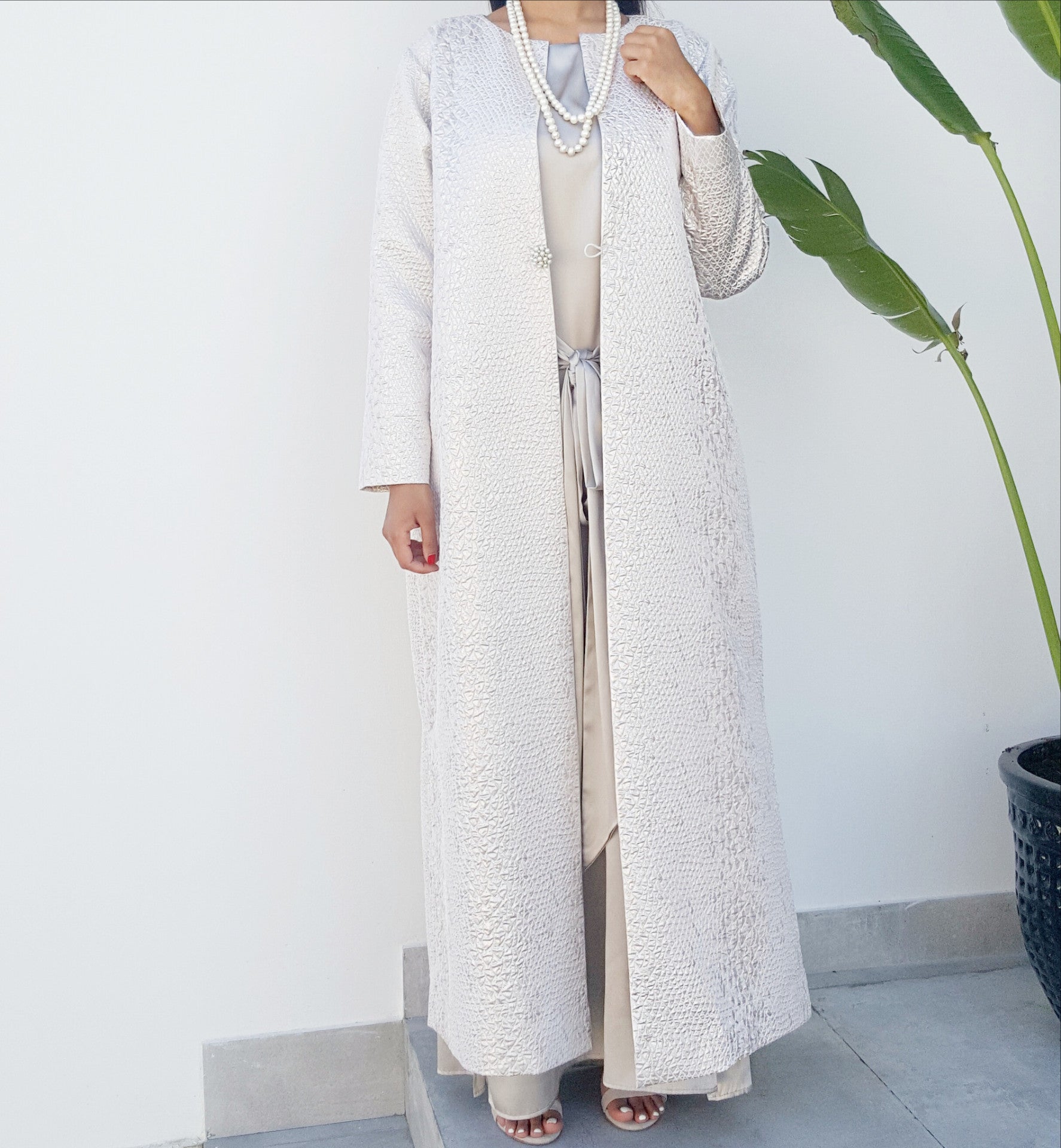 Qabeela SS17 Off White & Matt Silver Jacquard Evening Duster