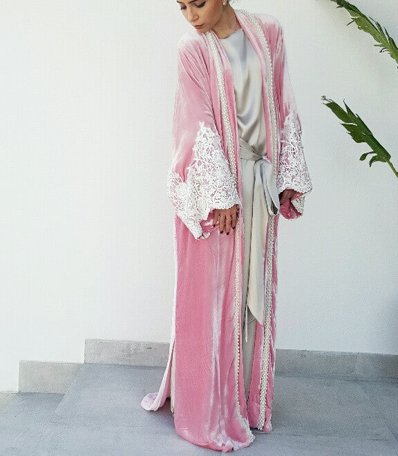 SS17 Candy Pink Silk Velvet Wedding Abaya with Pearls & Lace
