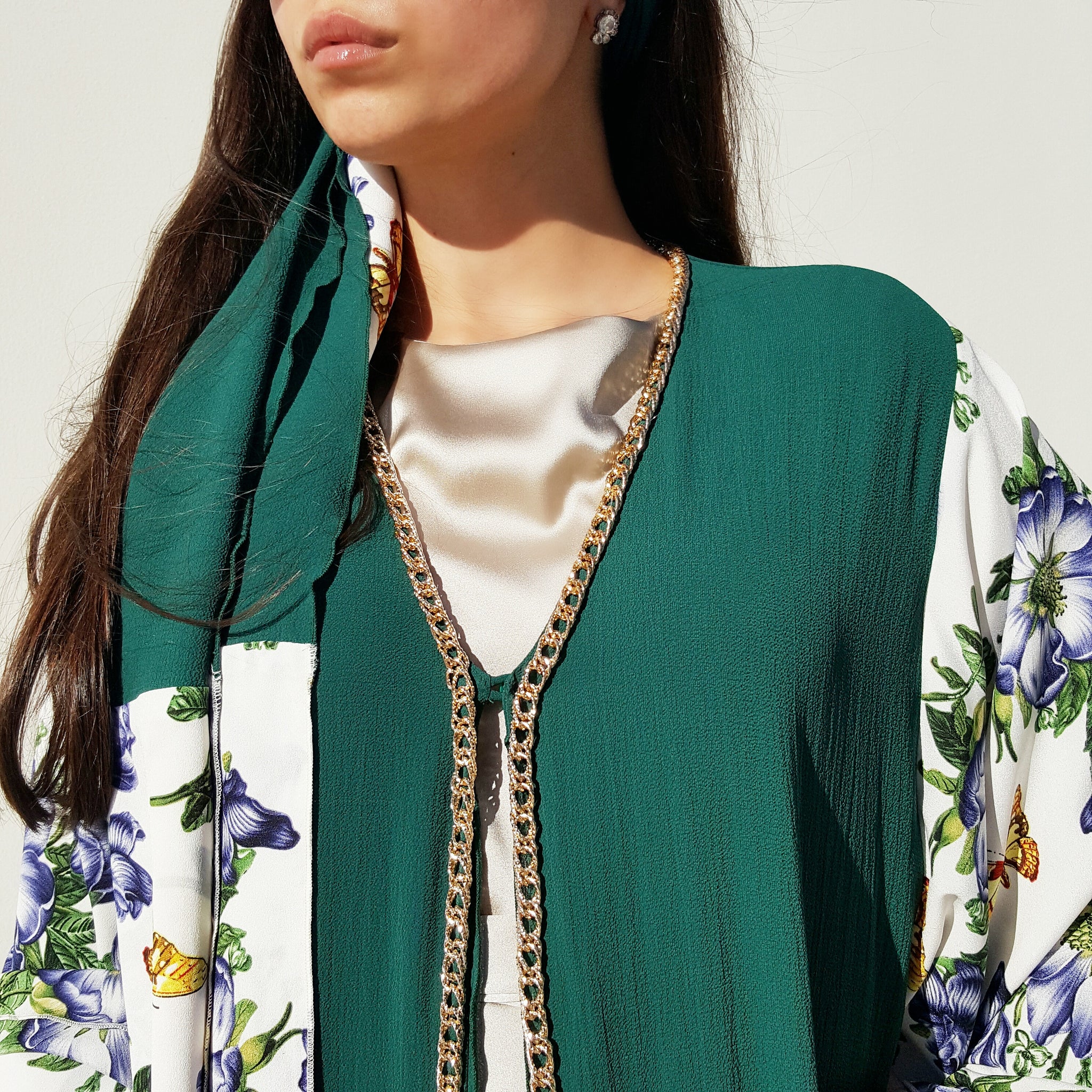Ramadan 17 Emerald Green Floral Print Crepe Georgette Double Layer Abaya
