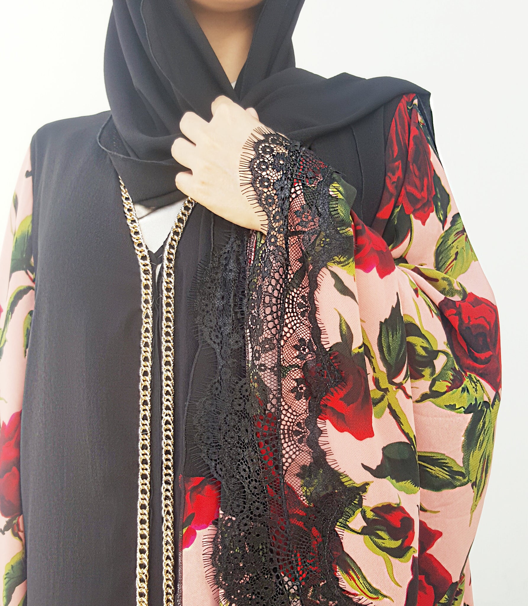 Ramadan 17 Black Floral Print Crepe Georgette Double Layer Abaya