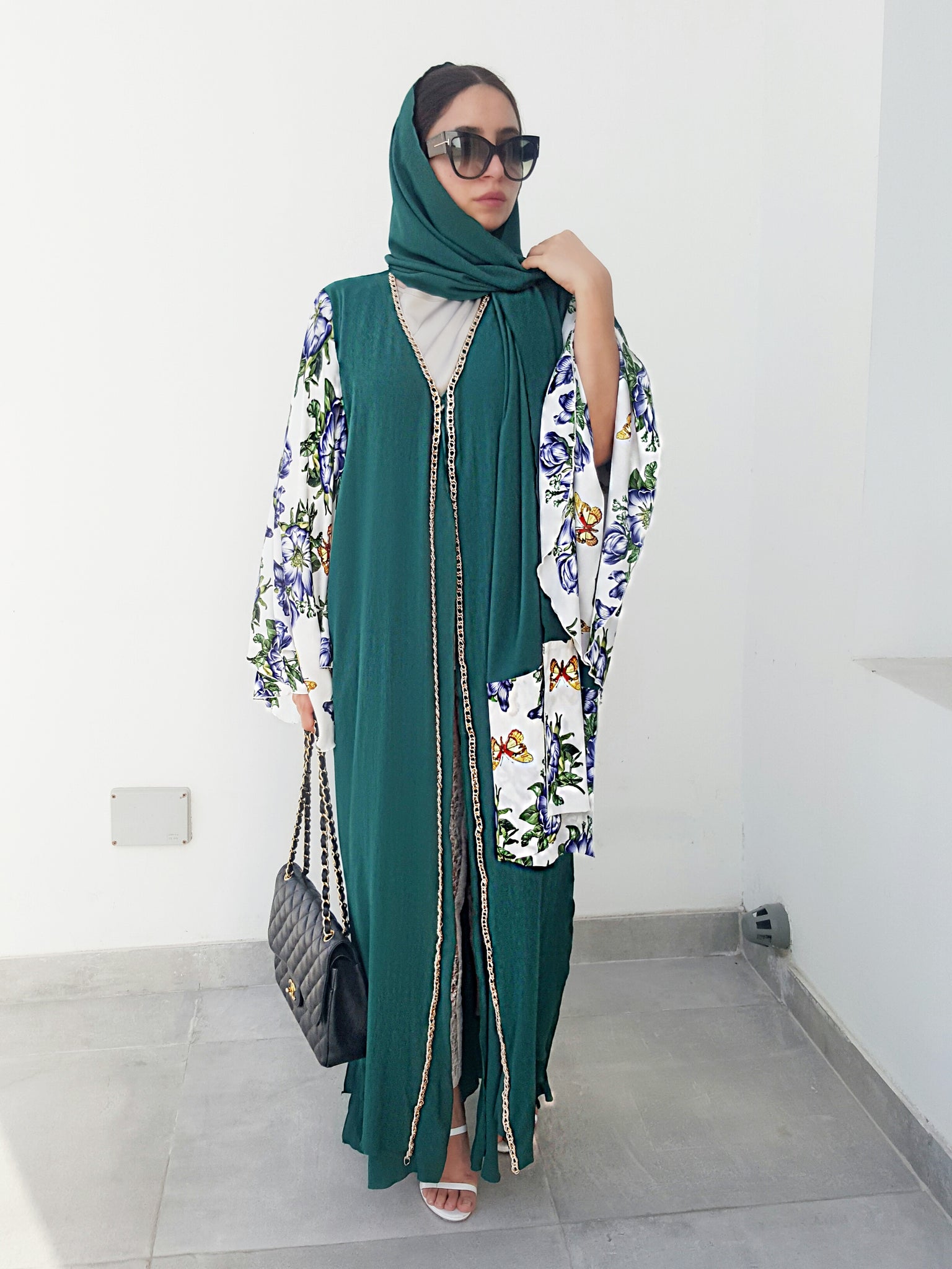Ramadan 17 Emerald Green Floral Print Crepe Georgette Double Layer Abaya