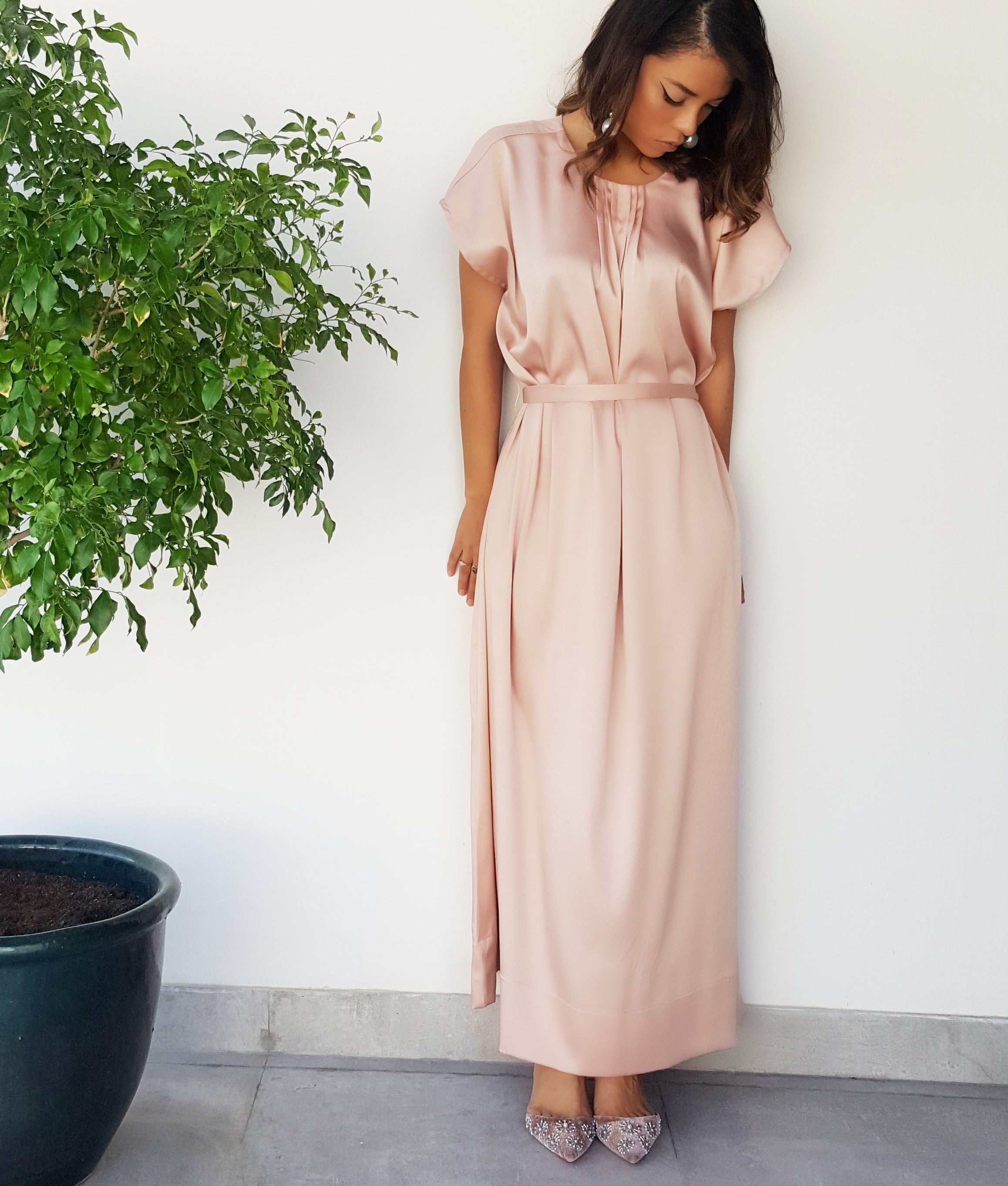 SS18 SATIN SILK MIX PINK SHORT SLEEVE BELTED TUNIC