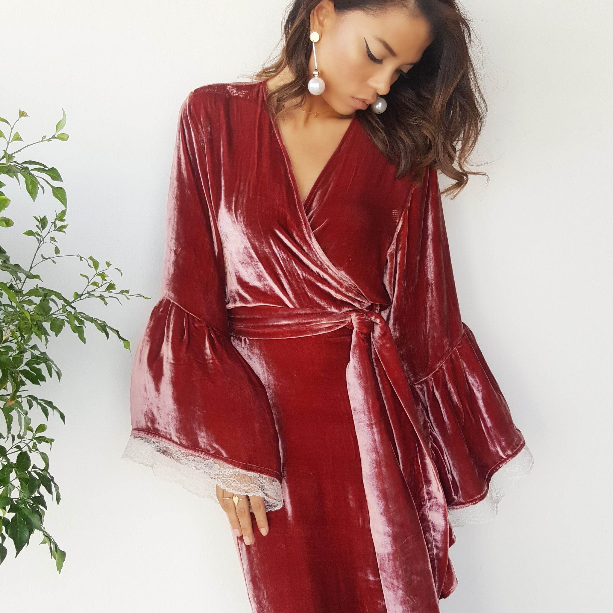 AW17 DEEP PEACH SILK VELVET WRAP DRESS WITH FRILL & LACE