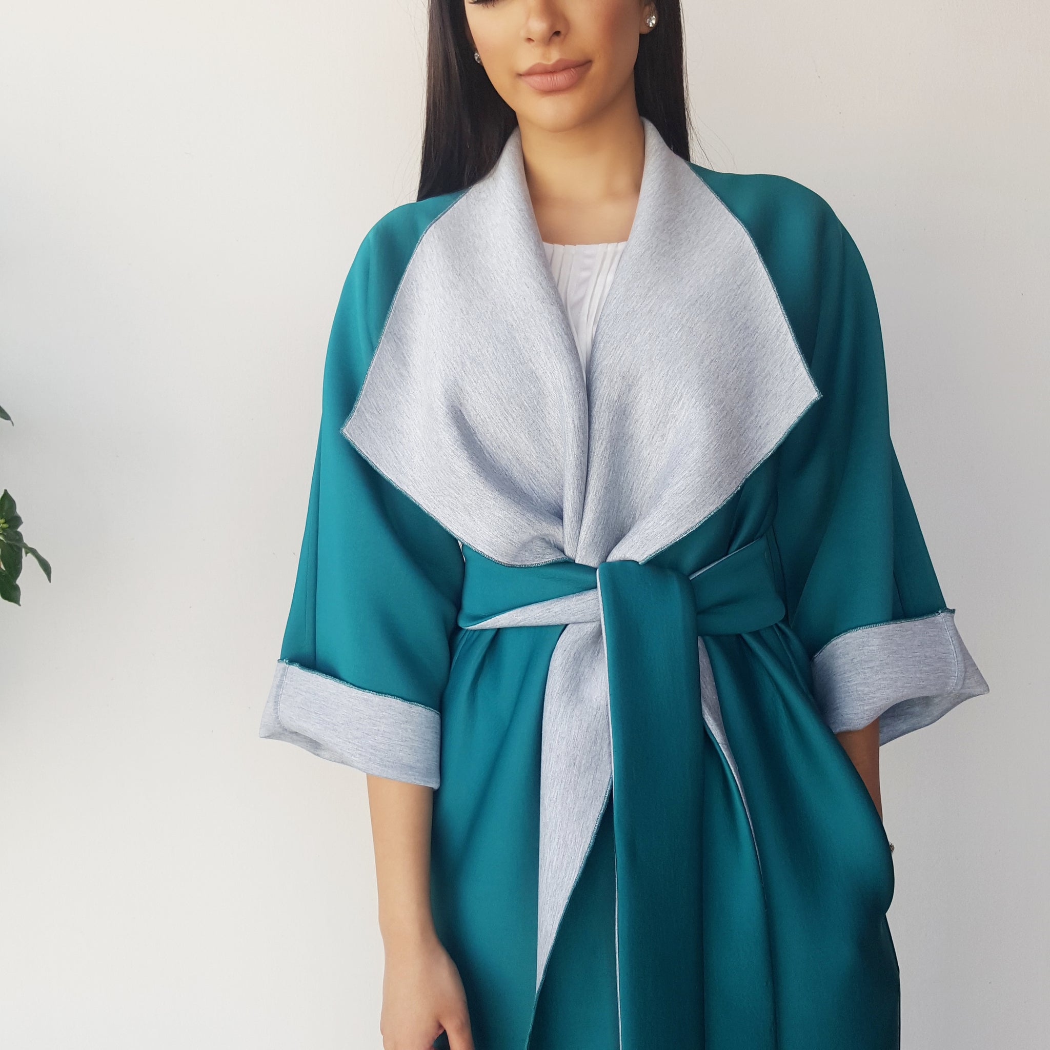 AW17 2 TONE TEAL & GREY OVERLAP SCROLL COLLAR ABAYA IN NEOPRENE