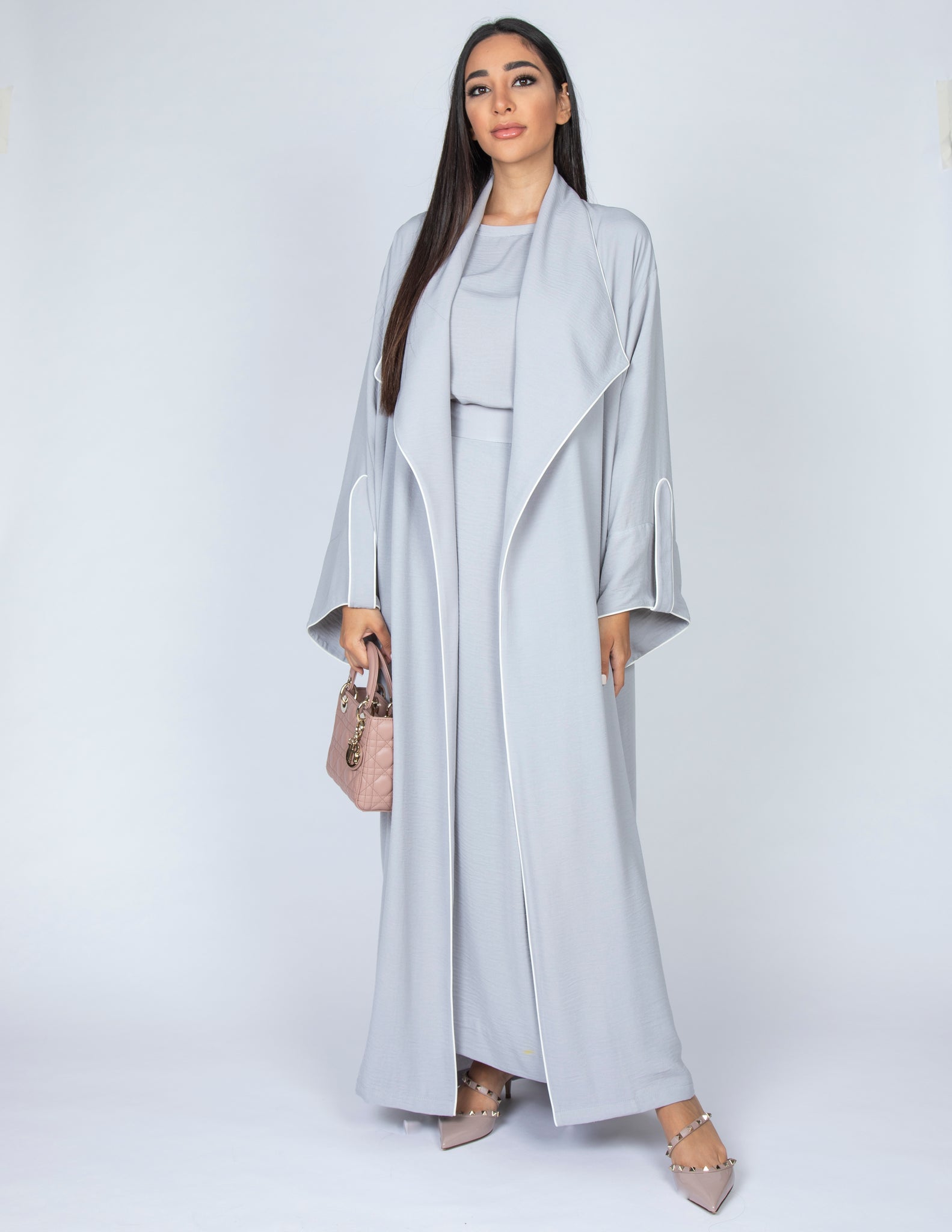 SS20 GREY WORK ABAYA WITH DRAPE LAPEL