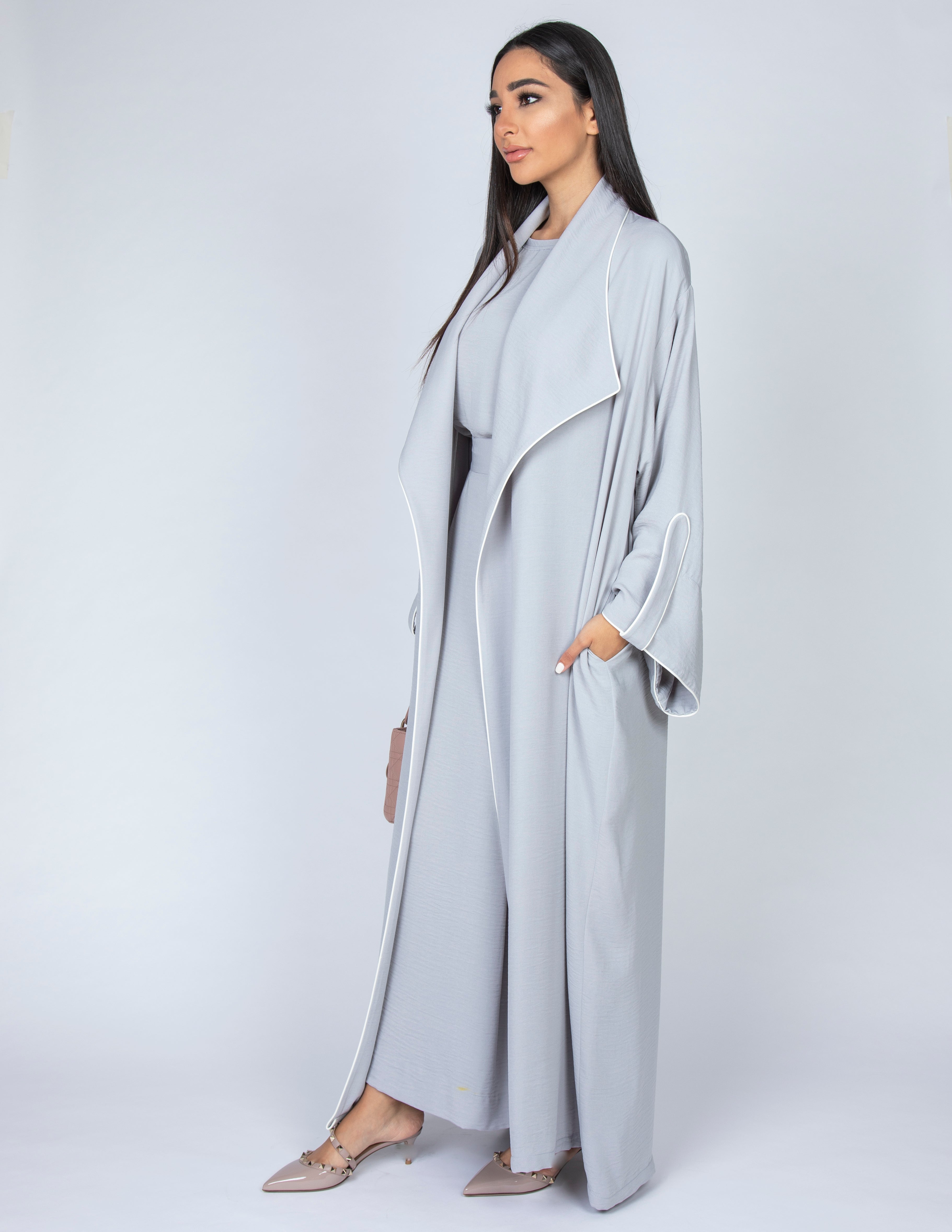 SS20 GREY WORK ABAYA WITH DRAPE LAPEL